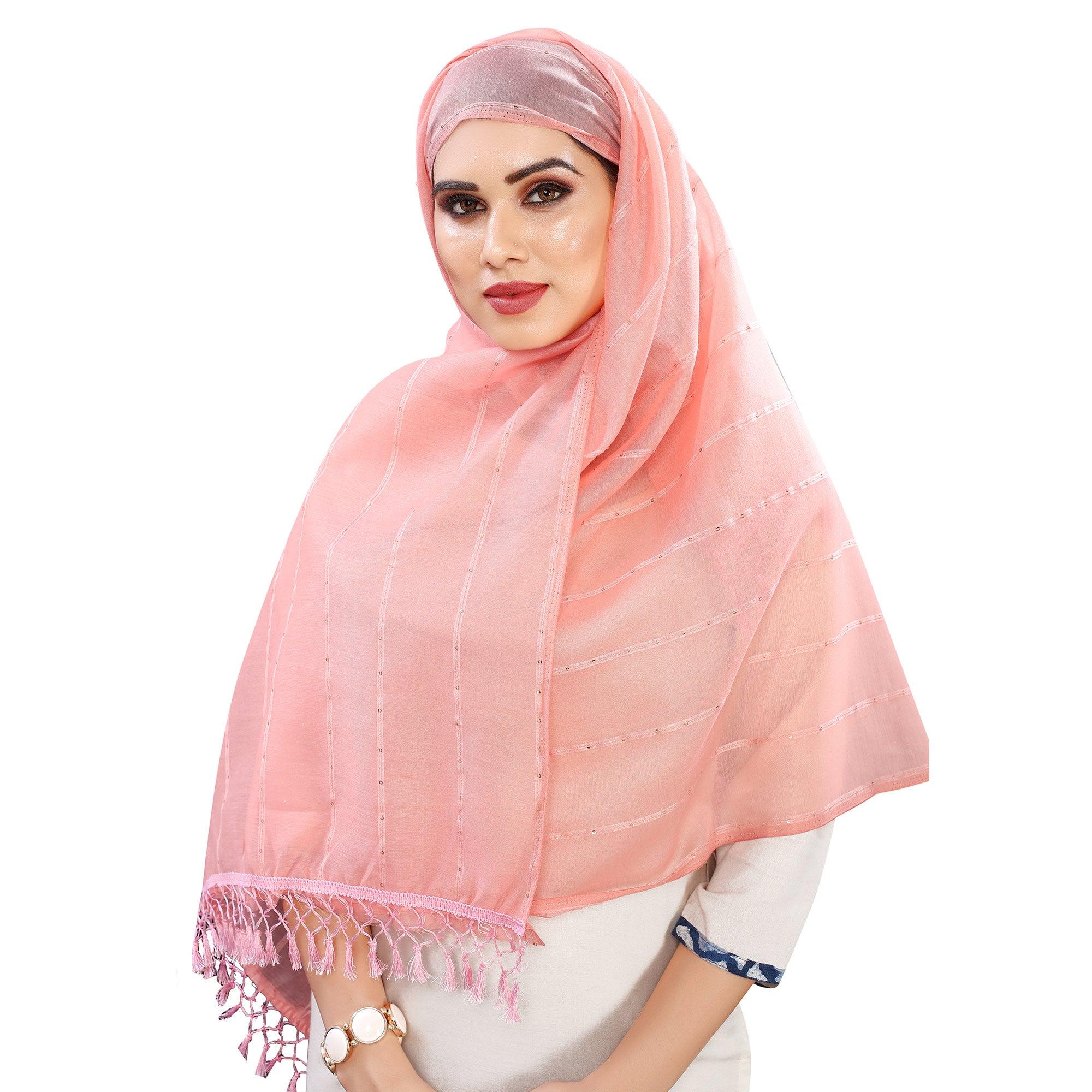 Peach Stripes Woven Sequence Festive Wear Cotton Silk Dupatta - Peachmode