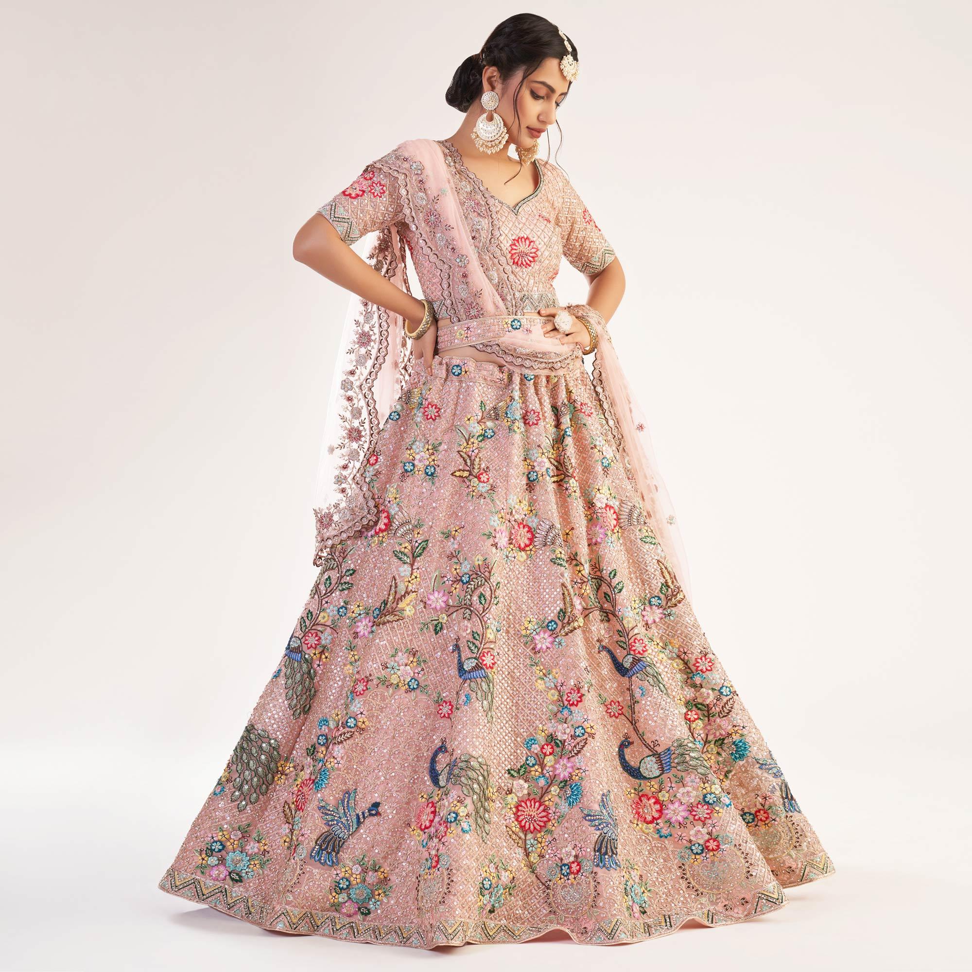 Peach Wedding Wear Embellished Heavy Butterfly Net Lehenga Choli - Peachmode