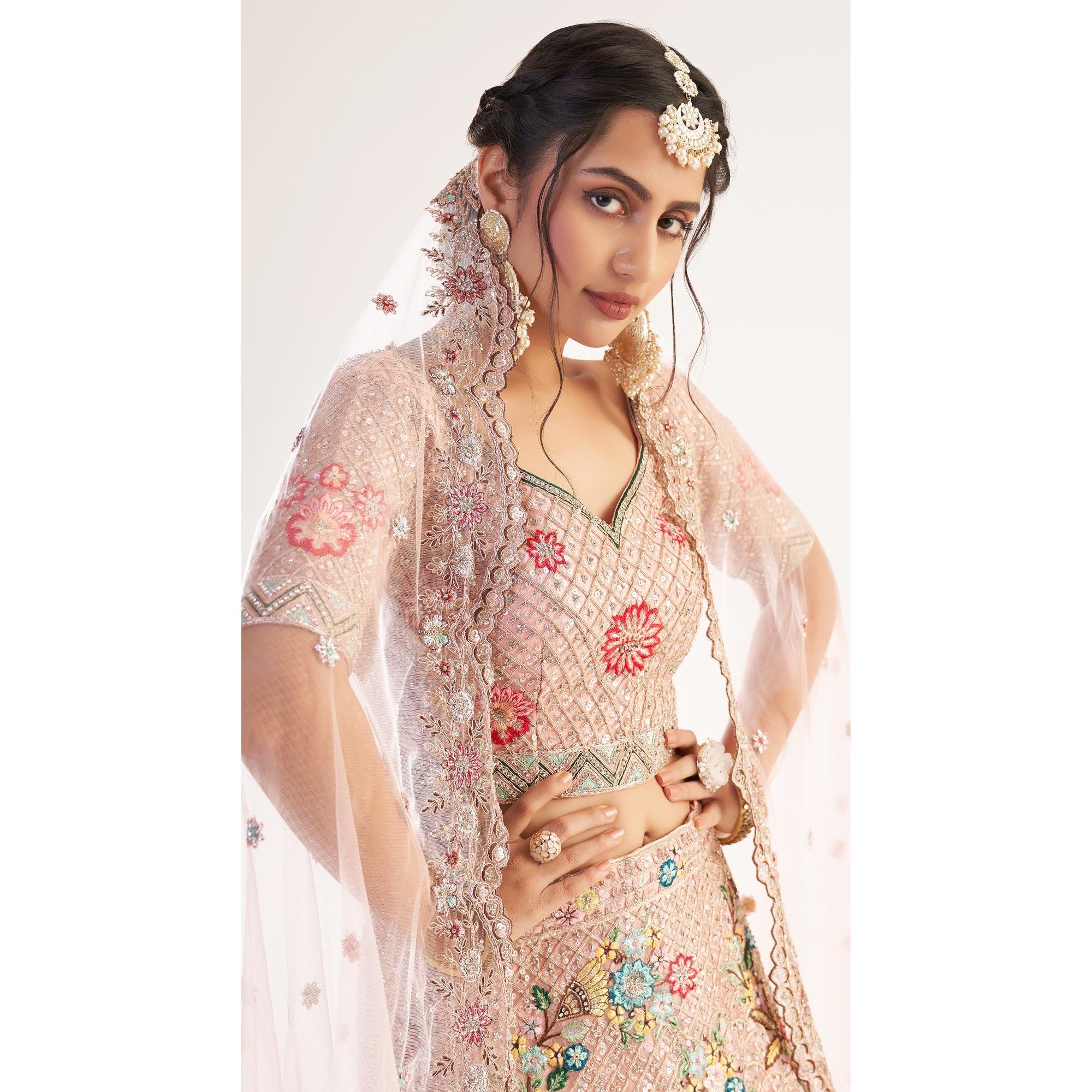 Peach Wedding Wear Embellished Heavy Butterfly Net Lehenga Choli - Peachmode