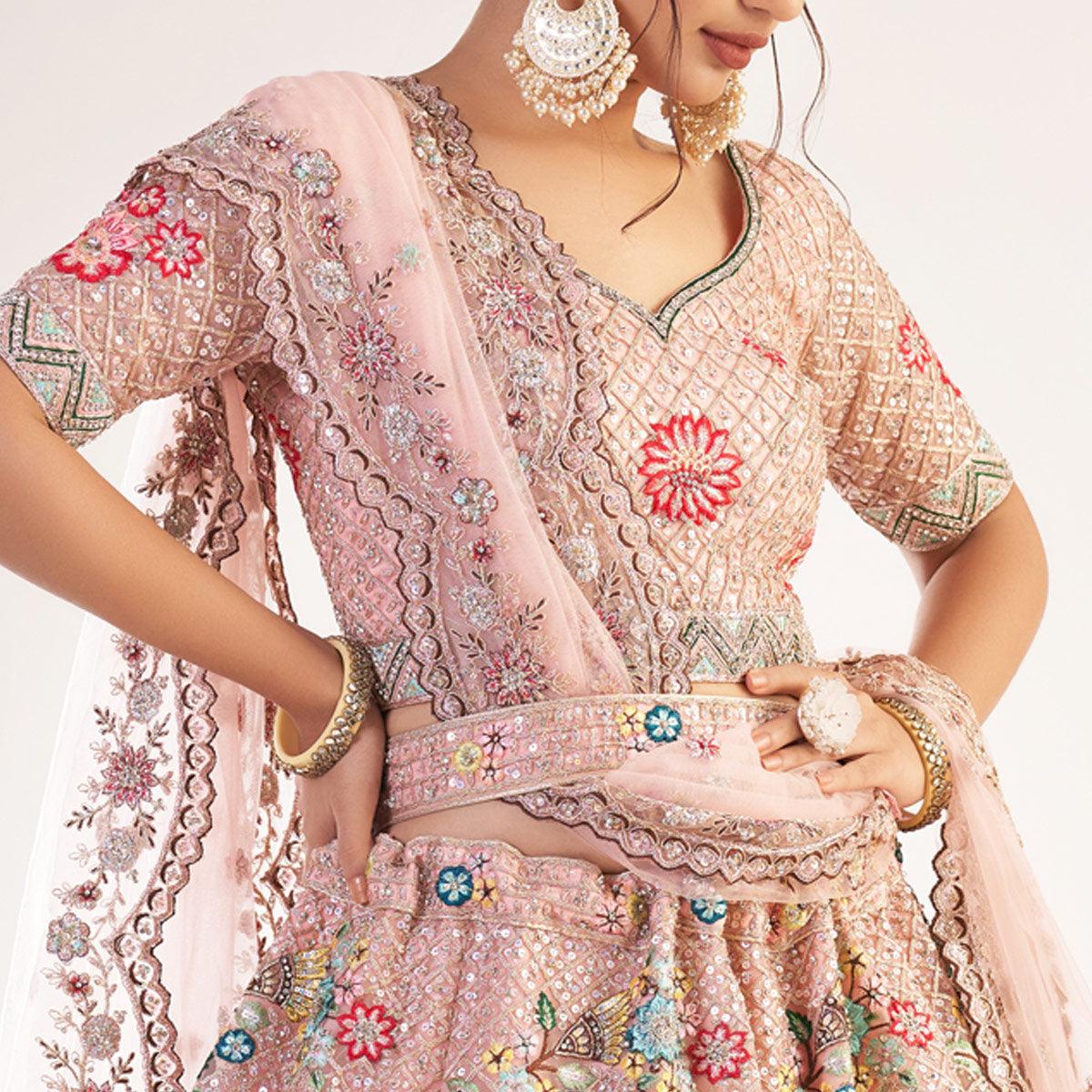 Peach Wedding Wear Embellished Heavy Butterfly Net Lehenga Choli - Peachmode