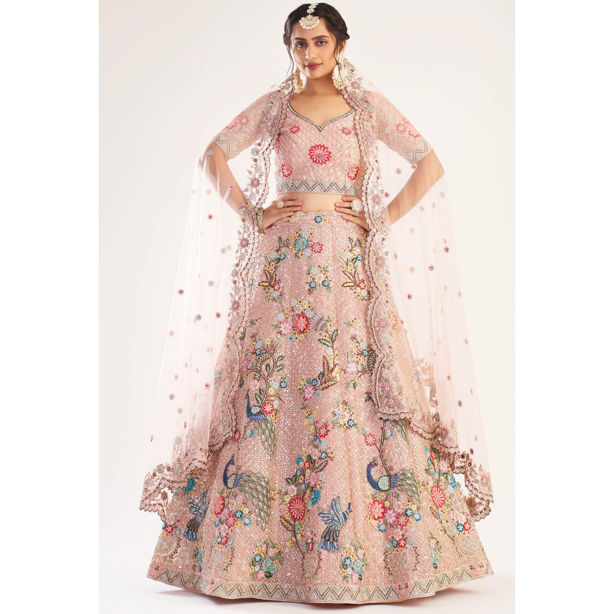 Peach Wedding Wear Embellished Heavy Butterfly Net Lehenga Choli - Peachmode