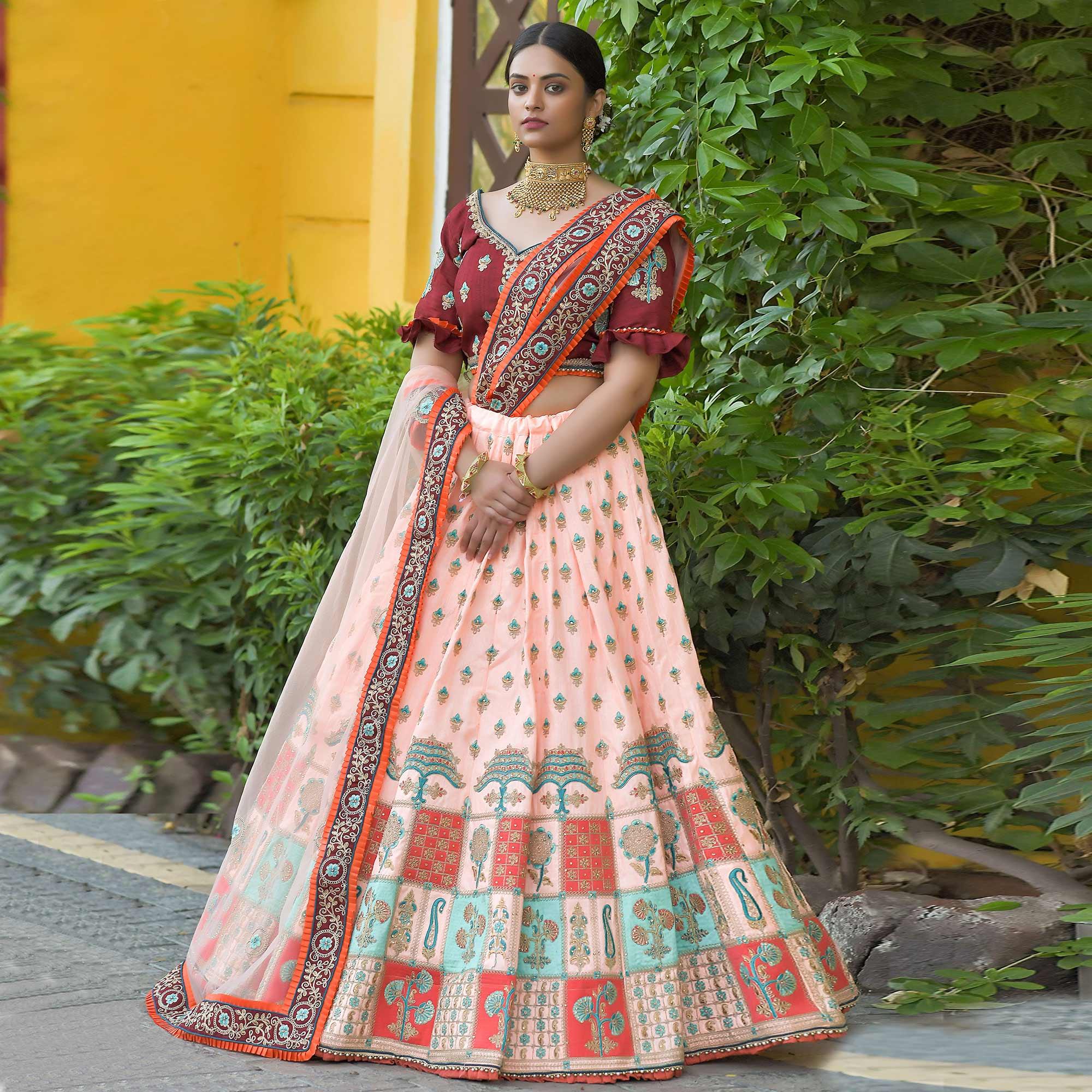 Peach Wedding Wear Floral Embroidery & Resham Work Silk Lehenga Choli - Peachmode