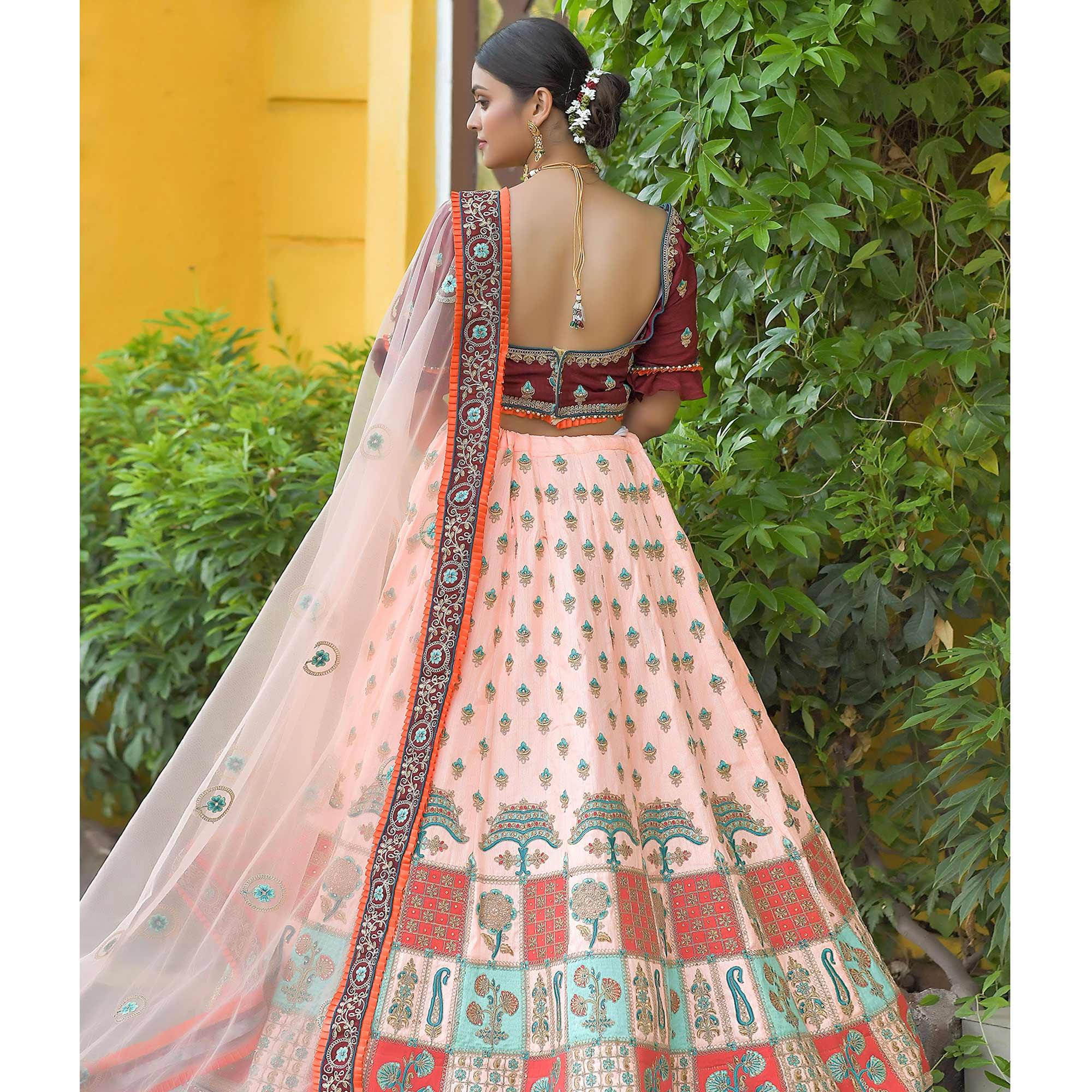 Peach Wedding Wear Floral Embroidery & Resham Work Silk Lehenga Choli - Peachmode