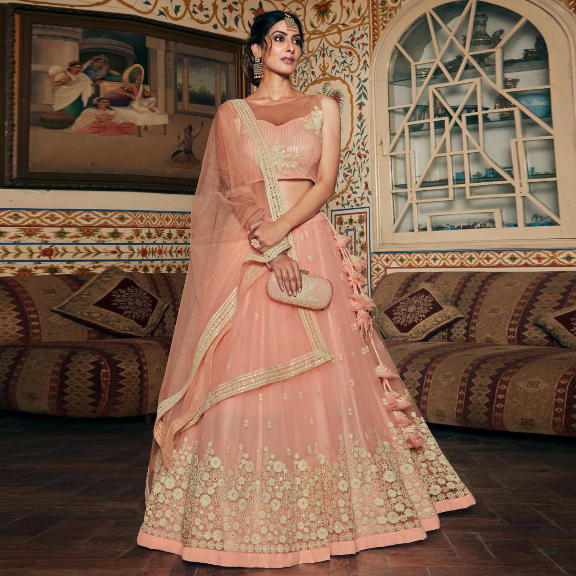 Peach Wedding Wear Floral Embroidery With Sequence And Dori Work Net Lehenga Choli - Peachmode