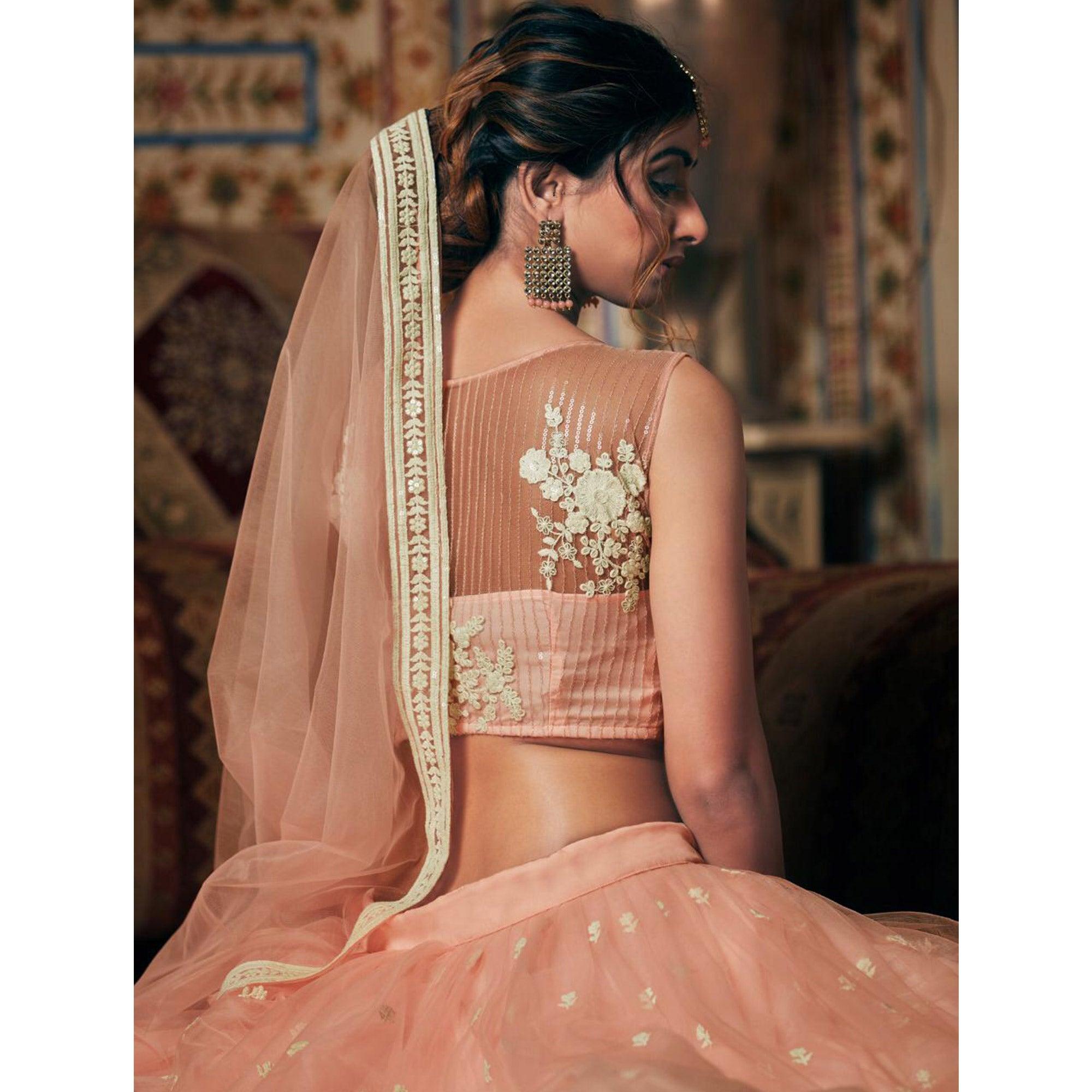 Peach Wedding Wear Floral Embroidery With Sequence And Dori Work Net Lehenga Choli - Peachmode