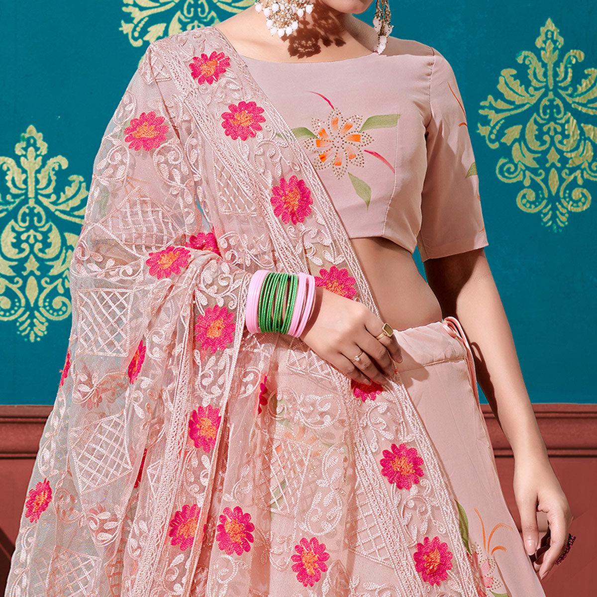 Peach Wedding Wear Pigment Foil Printed Work Georgette Lehenga Choli - Peachmode