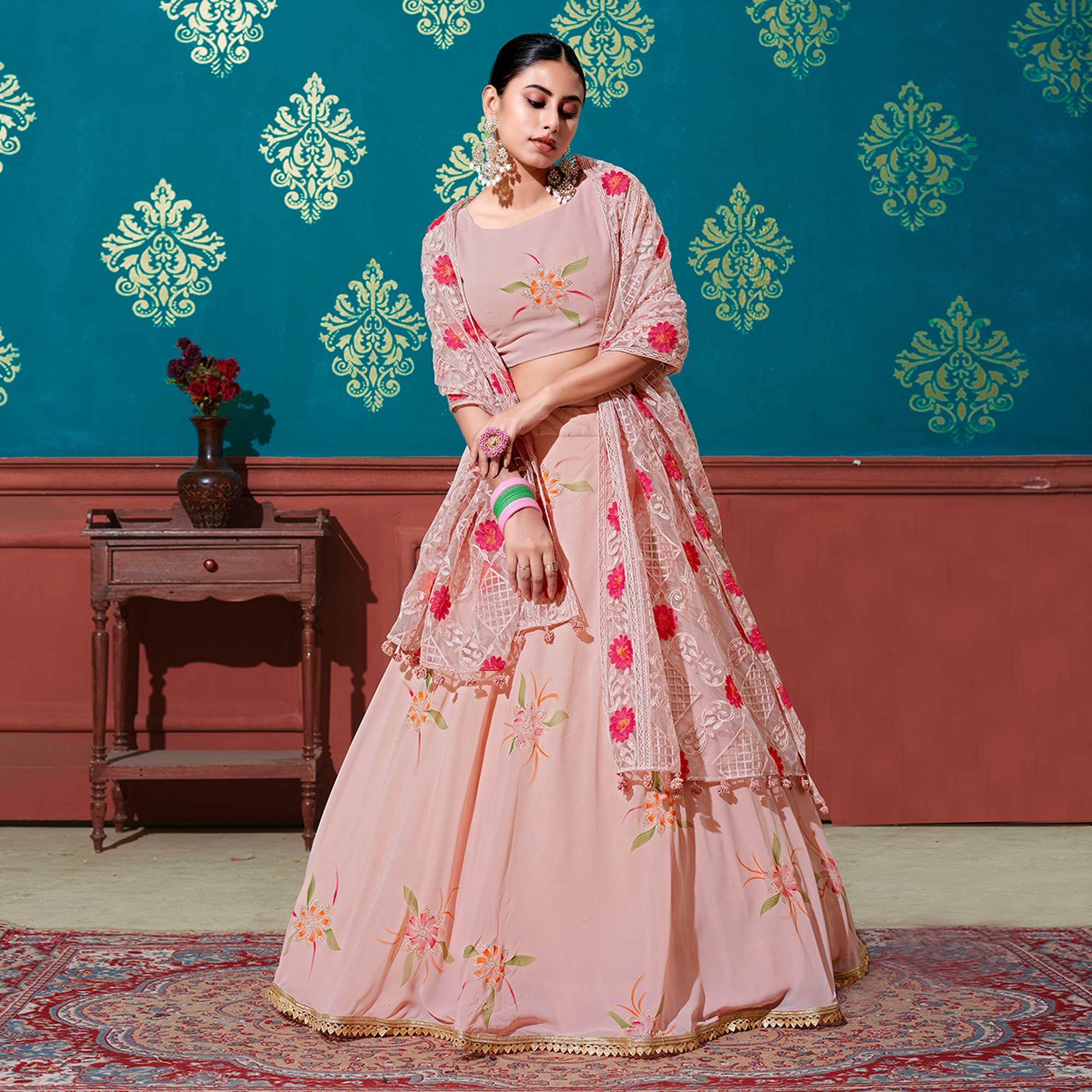 Peach Wedding Wear Pigment Foil Printed Work Georgette Lehenga Choli - Peachmode