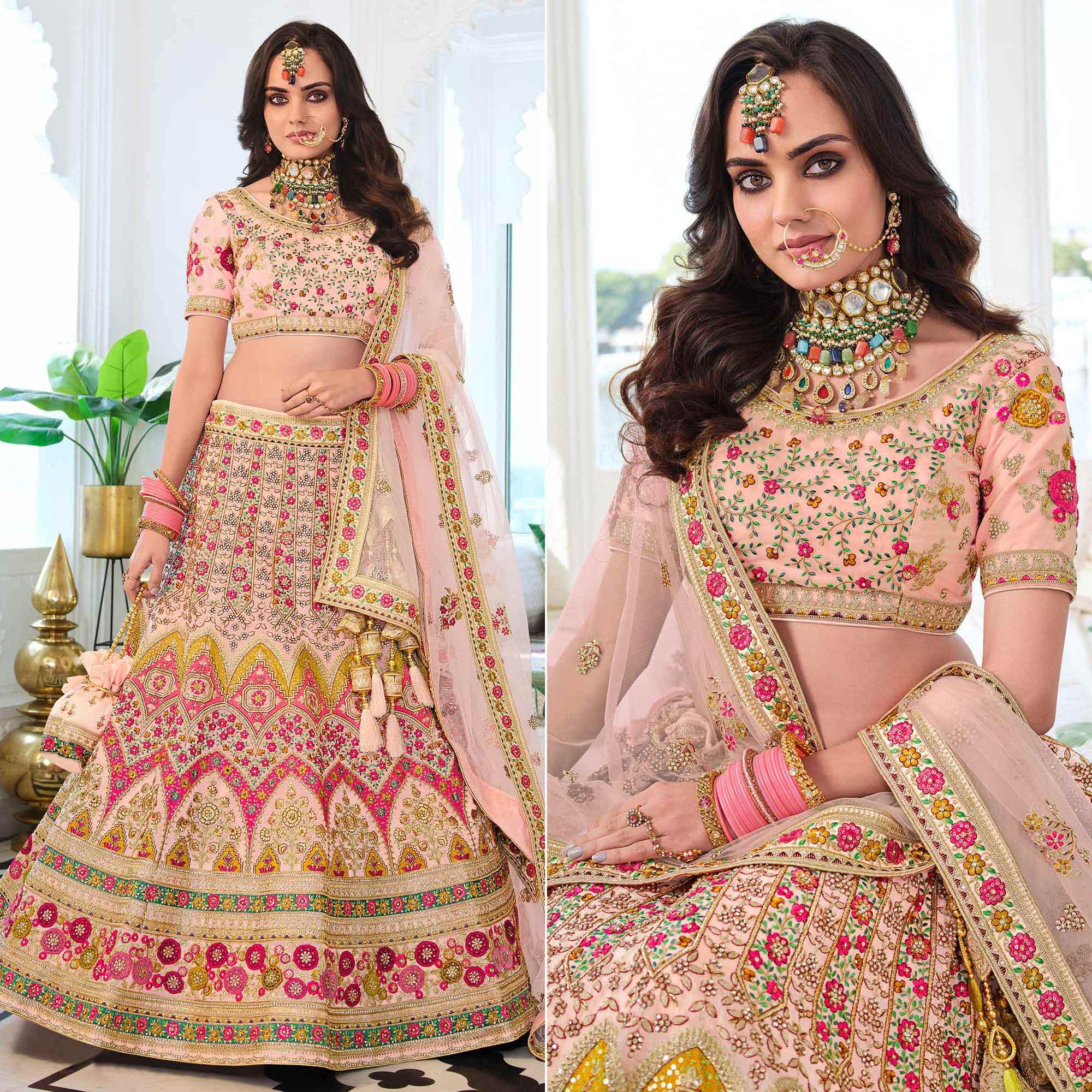 Peach Wedding Wear Sequence Floral Embroidered Organza Lehenga Choli - Peachmode