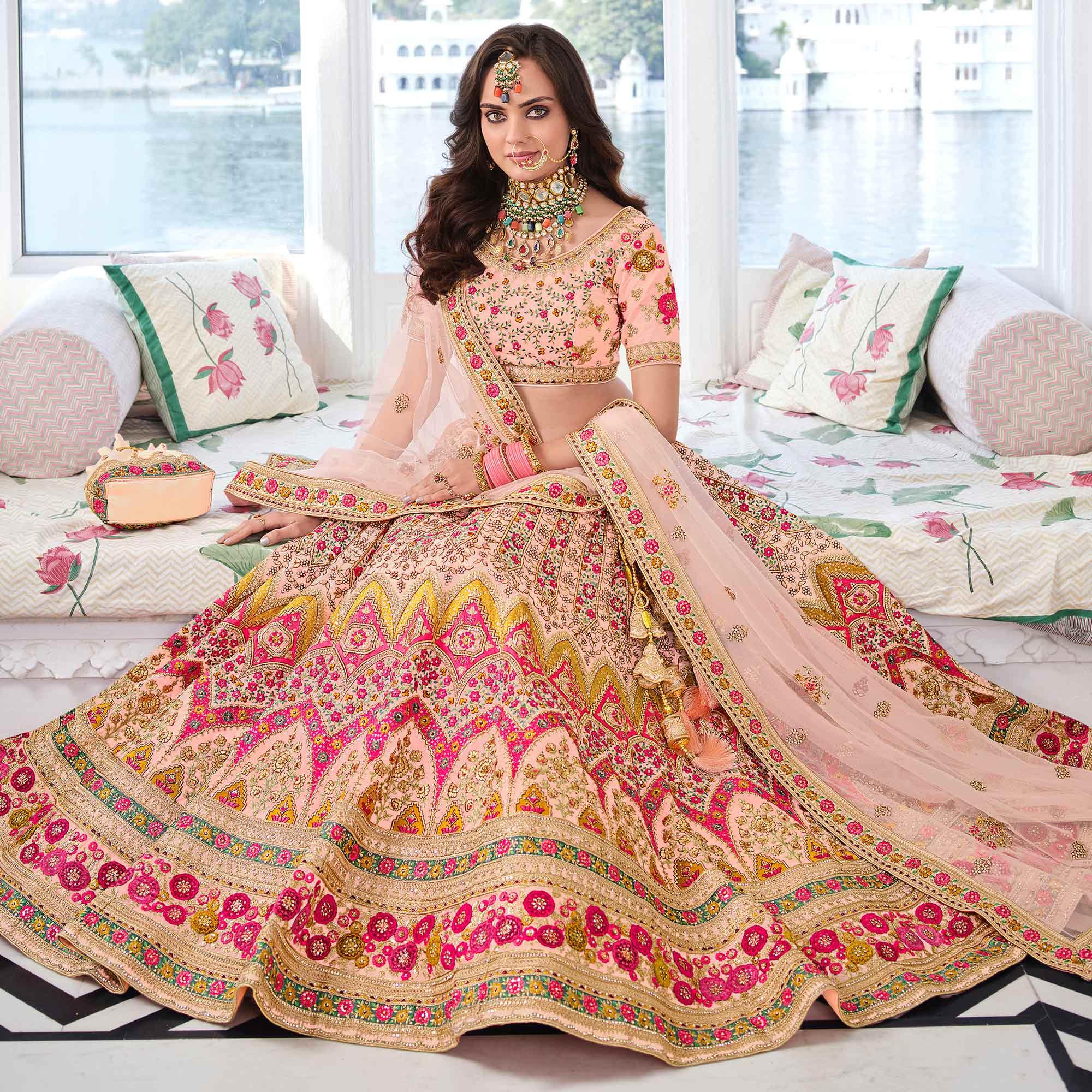 Peach Wedding Wear Sequence Floral Embroidered Organza Lehenga Choli - Peachmode