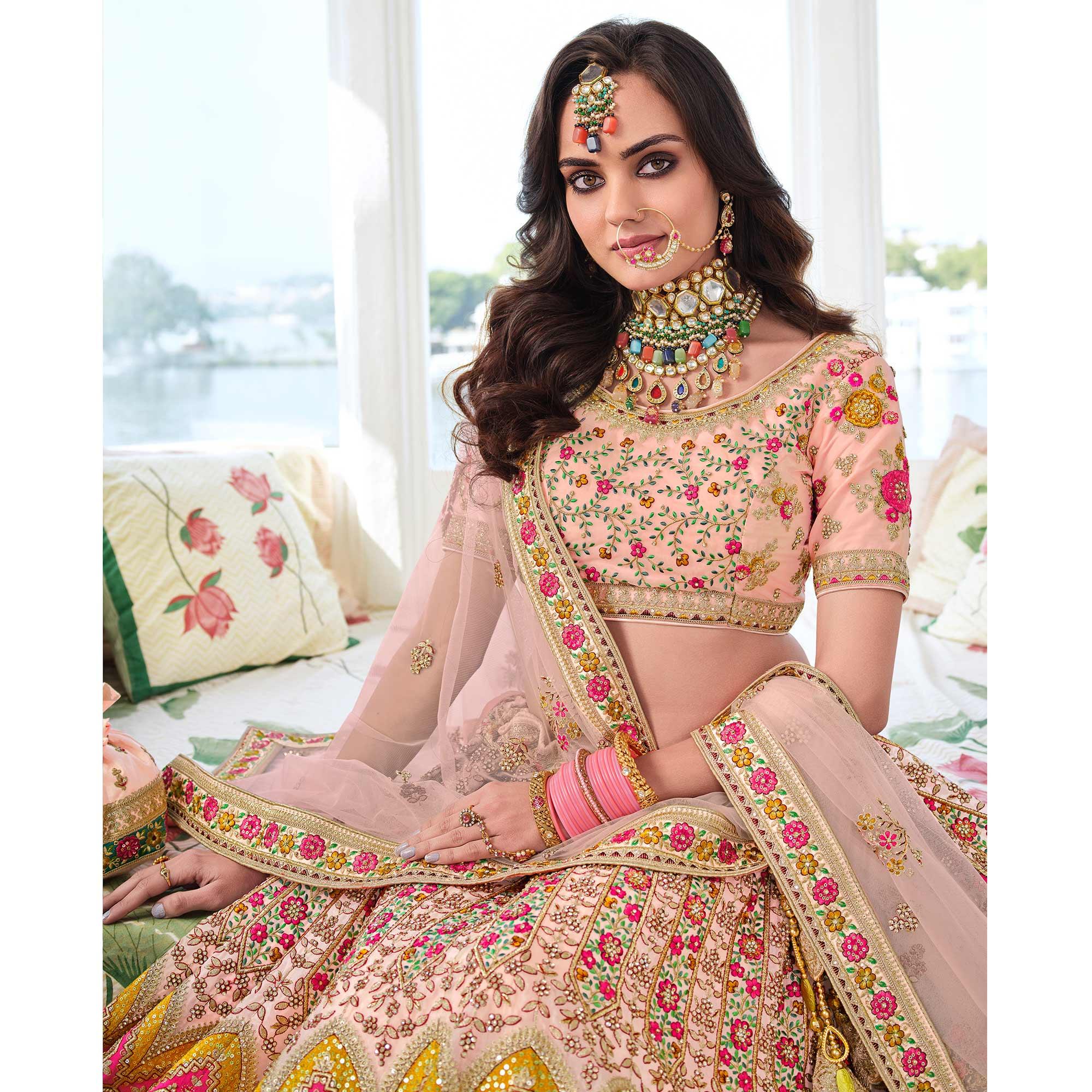Peach Wedding Wear Sequence Floral Embroidered Organza Lehenga Choli - Peachmode