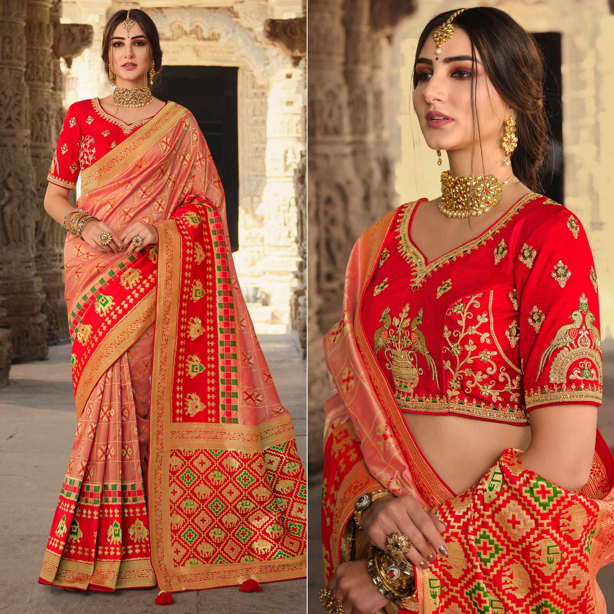 Peach Wedding Wear Woven Silk Saree With Tassels - Peachmode