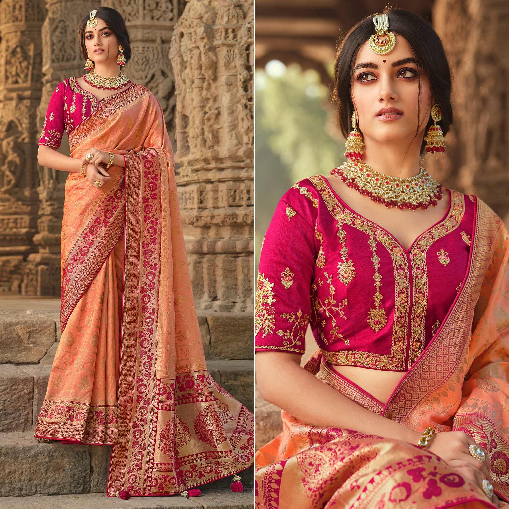 Peach Wedding Wear Woven Silk Saree With Tassels - Peachmode