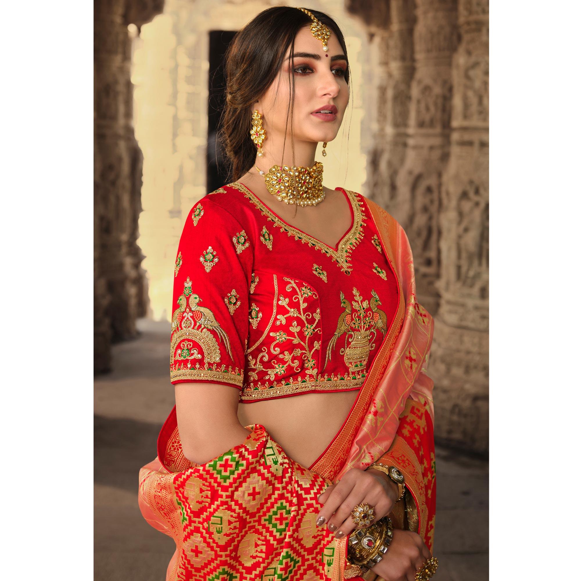 Peach Wedding Wear Woven Silk Saree With Tassels - Peachmode