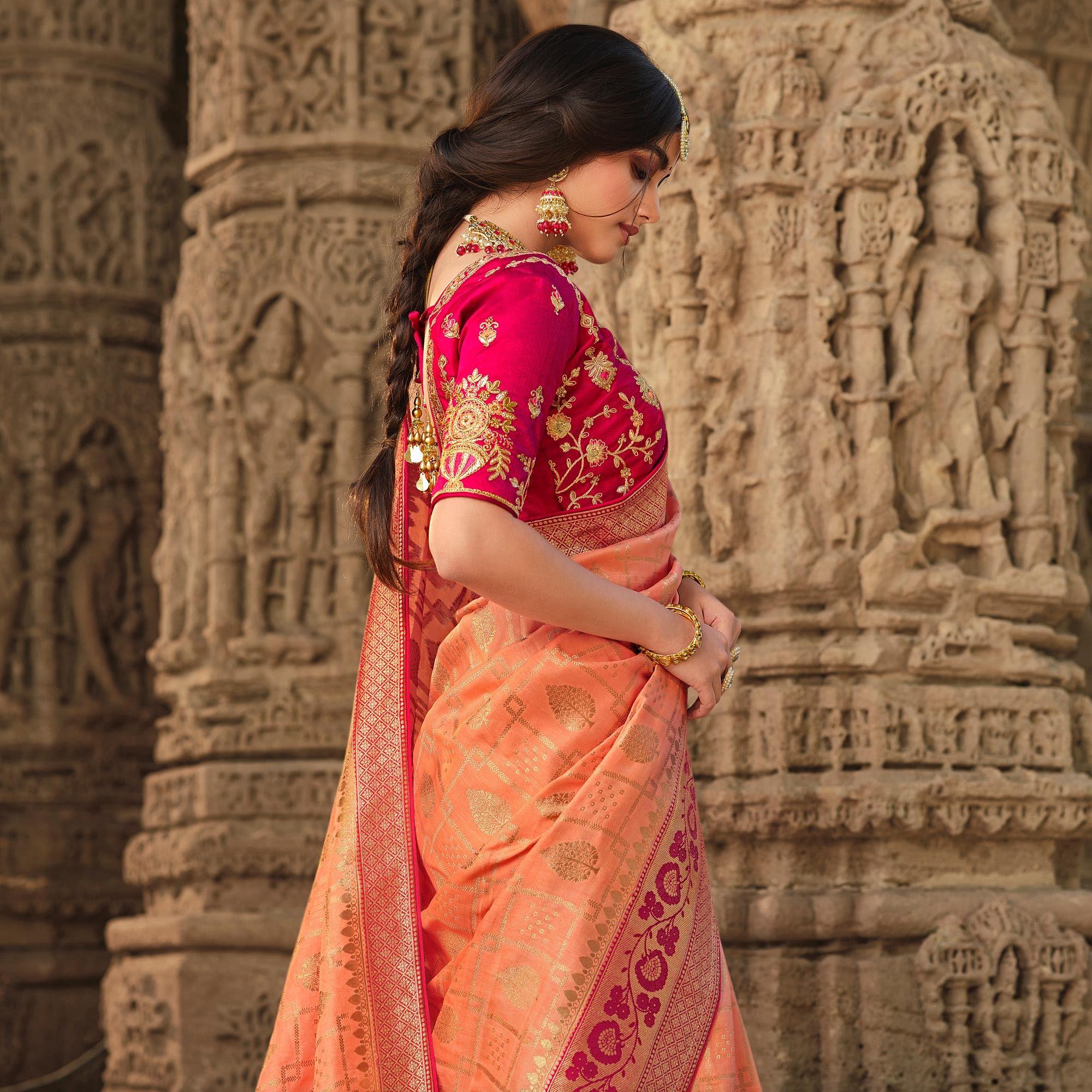 Peach Wedding Wear Woven Silk Saree With Tassels - Peachmode