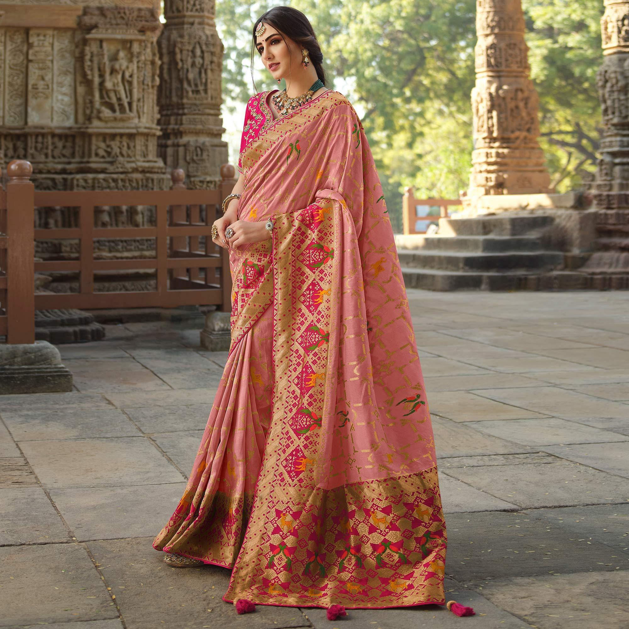 Peach Wedding Wear Woven Silk Saree With Tassels - Peachmode