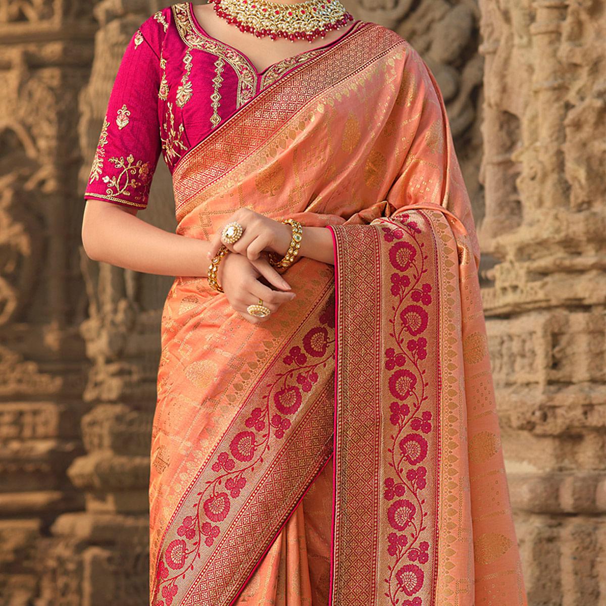Peach Wedding Wear Woven Silk Saree With Tassels - Peachmode