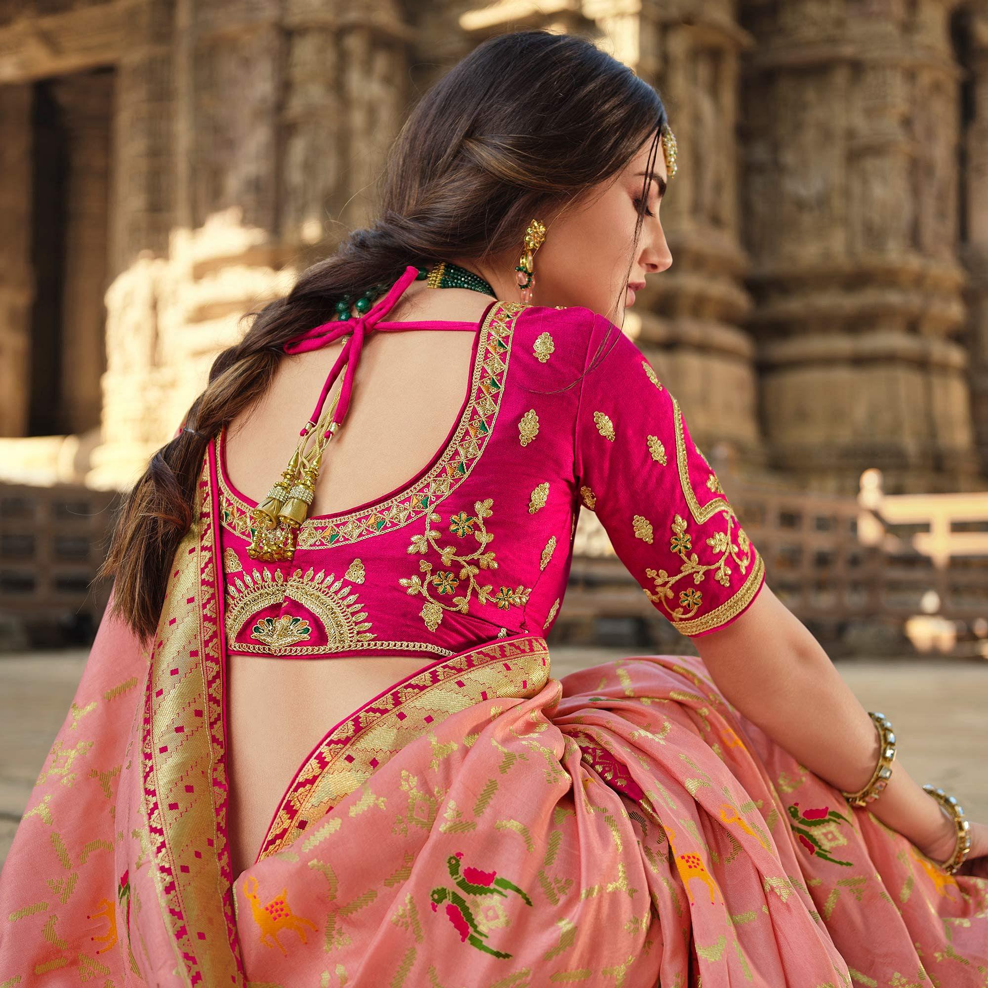 Peach Wedding Wear Woven Silk Saree With Tassels - Peachmode