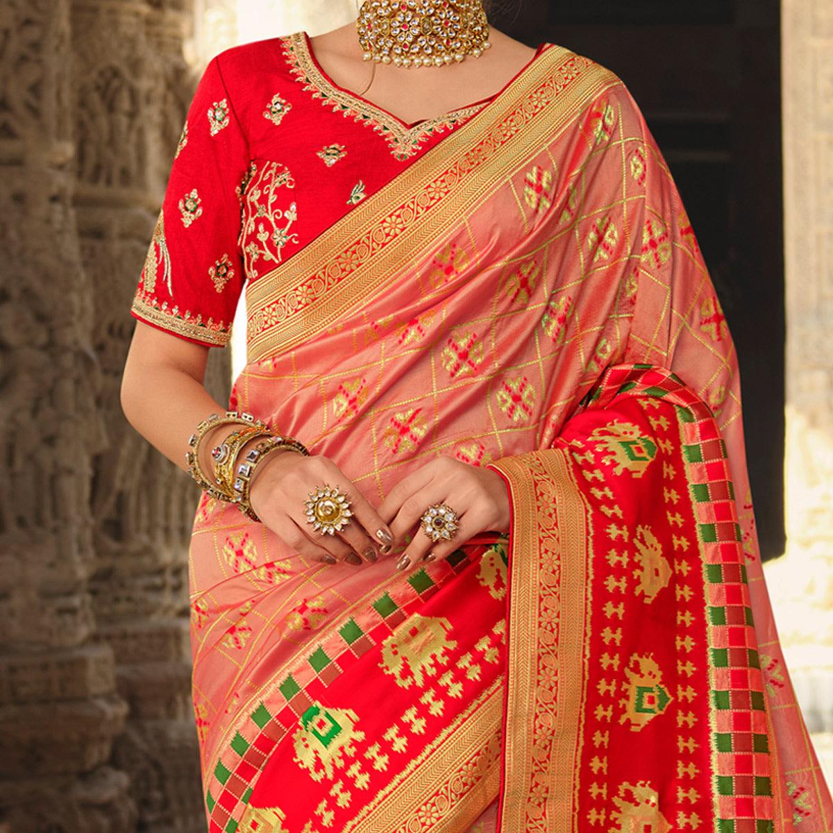 Peach Wedding Wear Woven Silk Saree With Tassels - Peachmode