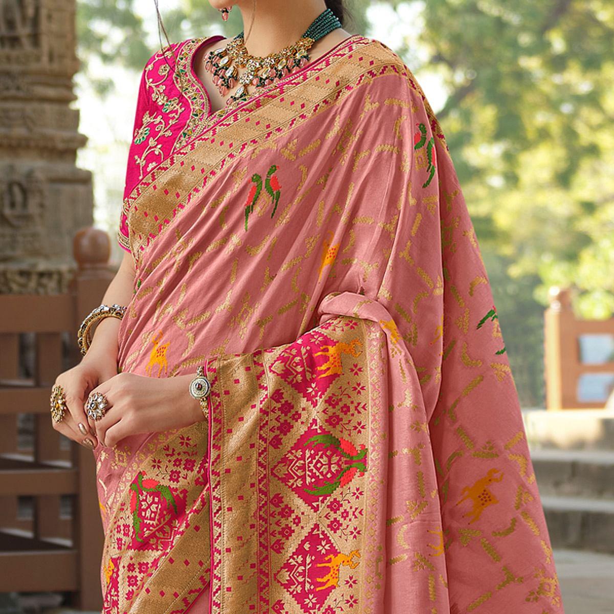 Peach Wedding Wear Woven Silk Saree With Tassels - Peachmode