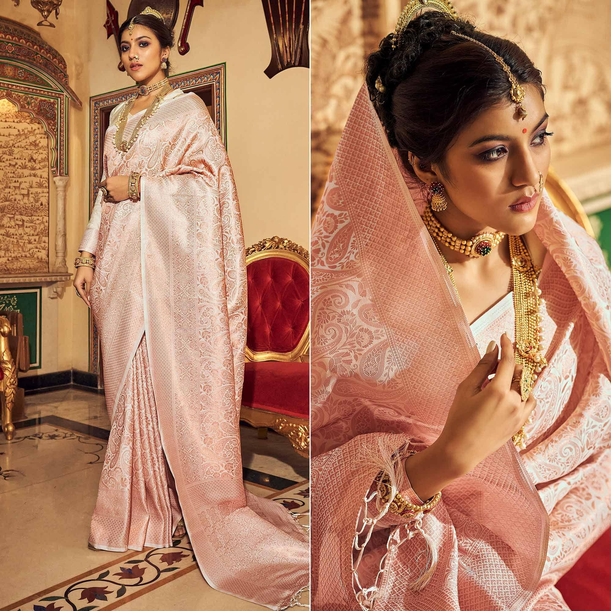 Peach Woven Art Silk Saree With Tassels - Peachmode