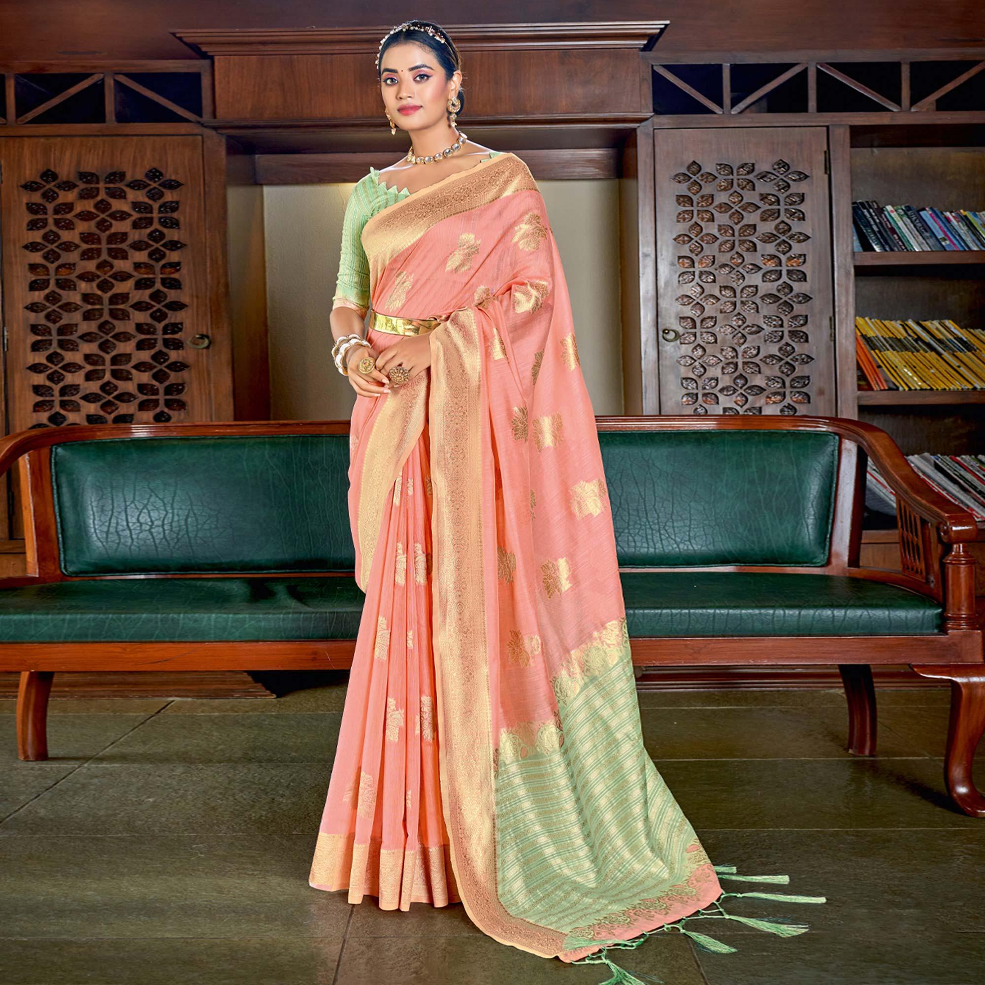 Peach Woven Art Silk Saree With Tassels - Peachmode