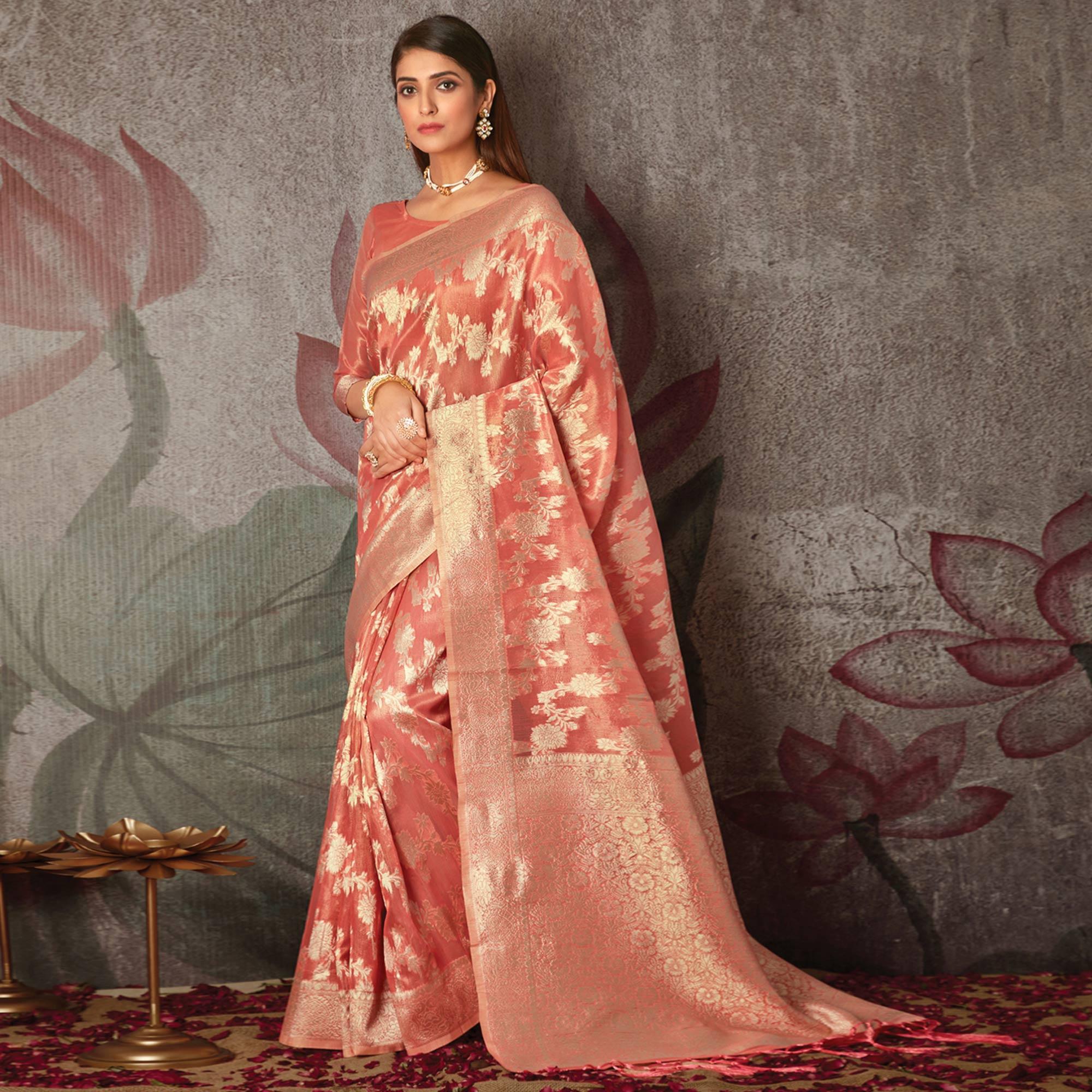 Peach Woven Art Silk Saree With Tassels - Peachmode
