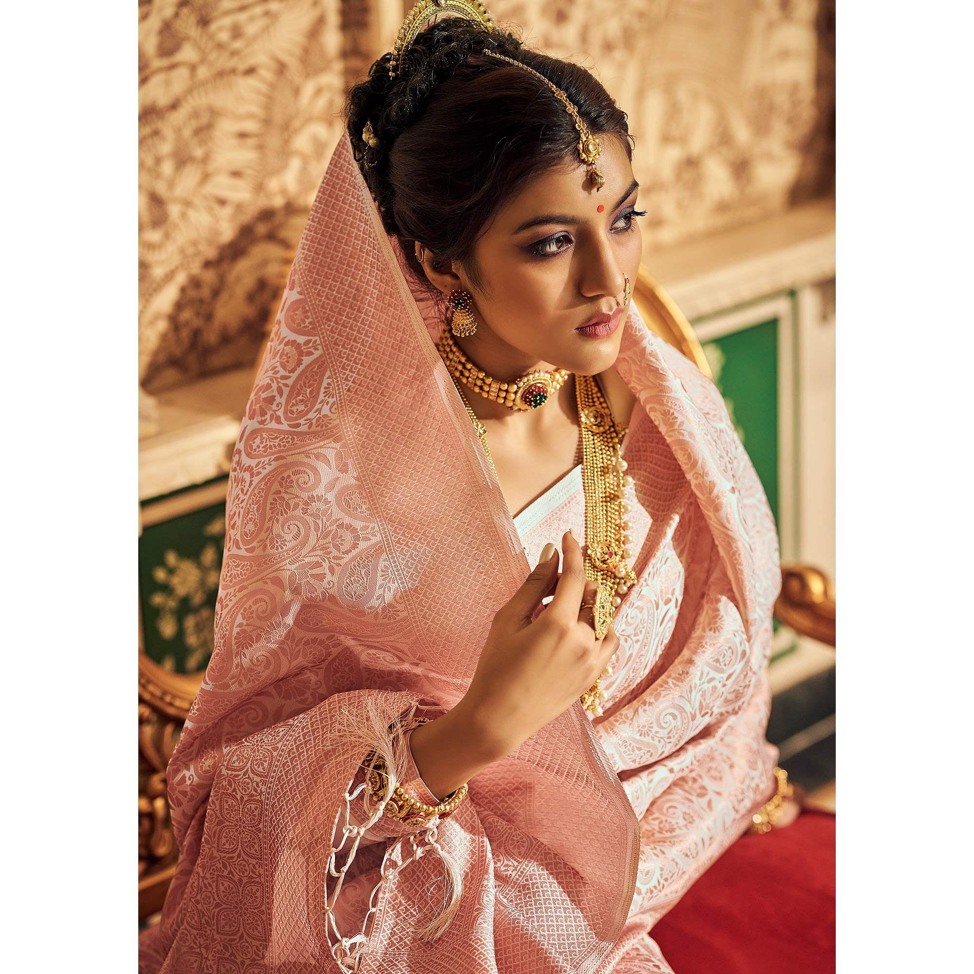Peach Woven Art Silk Saree With Tassels - Peachmode