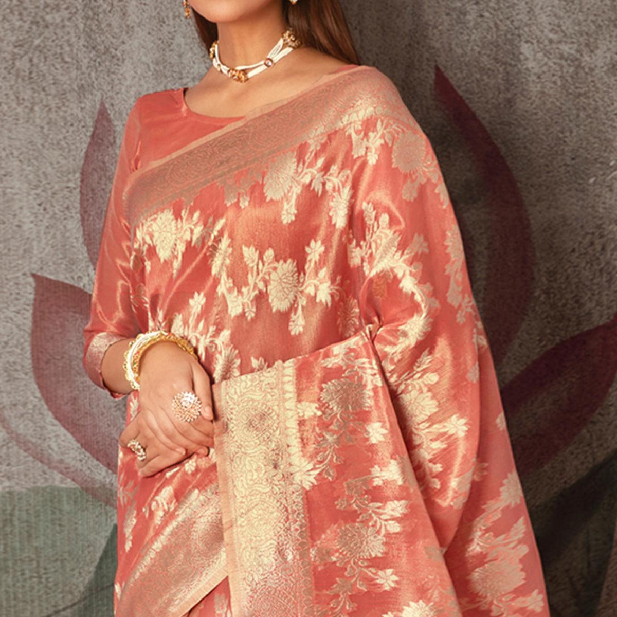 Peach Woven Art Silk Saree With Tassels - Peachmode