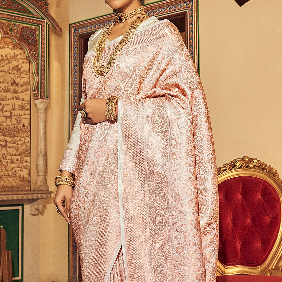 Peach Woven Art Silk Saree With Tassels - Peachmode