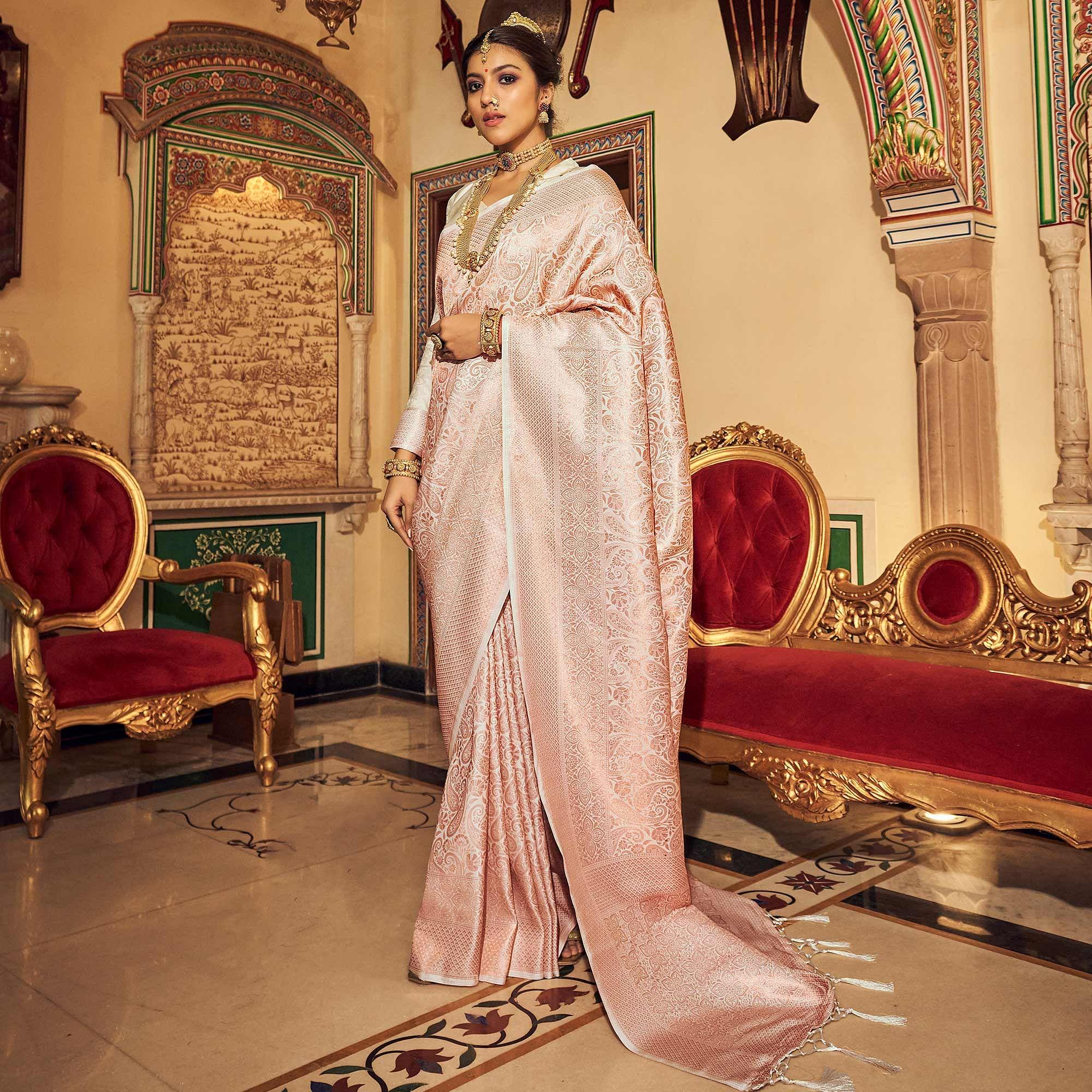 Peach Woven Art Silk Saree With Tassels - Peachmode