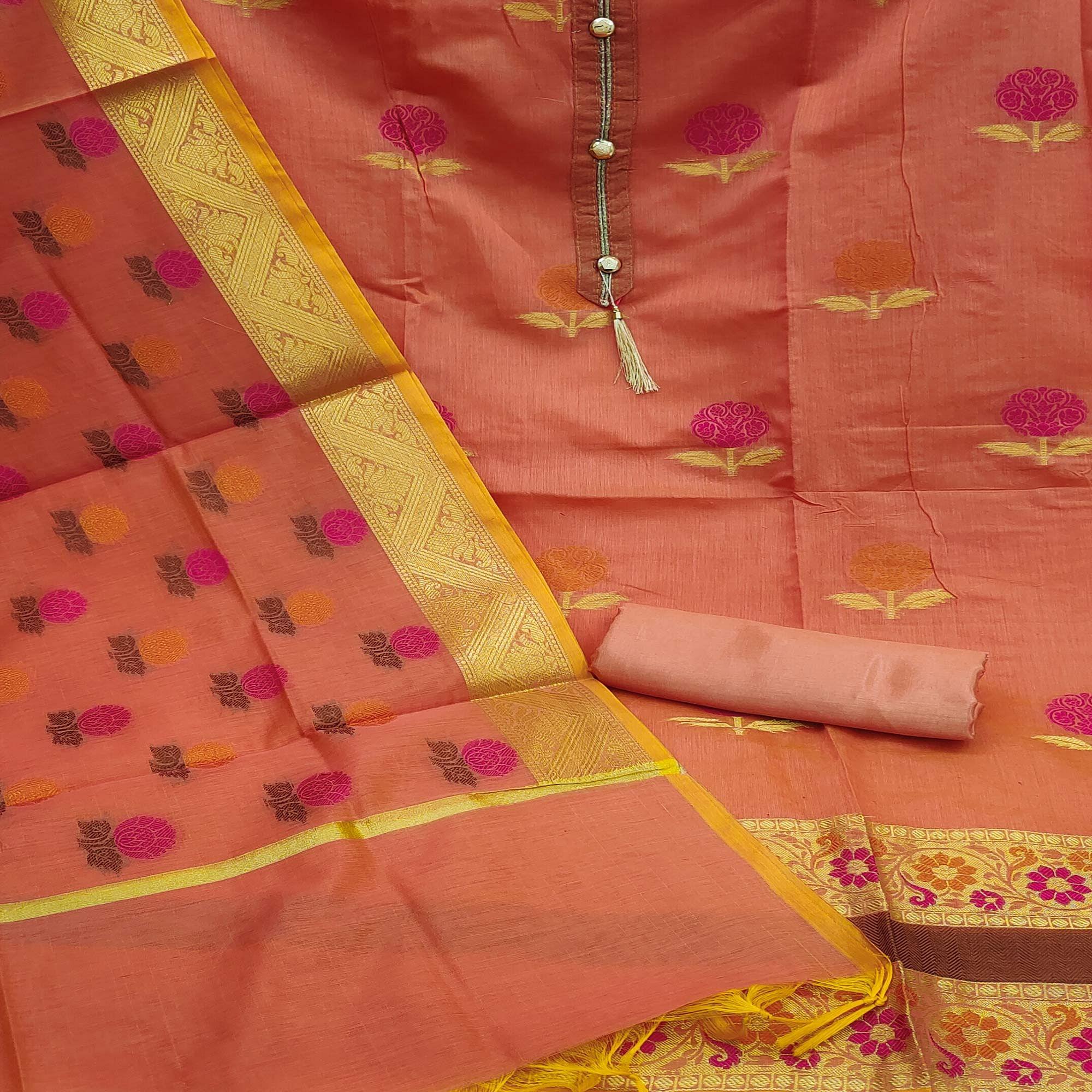 Peach Woven Banarasi Jacqaurd Dress Material - Peachmode