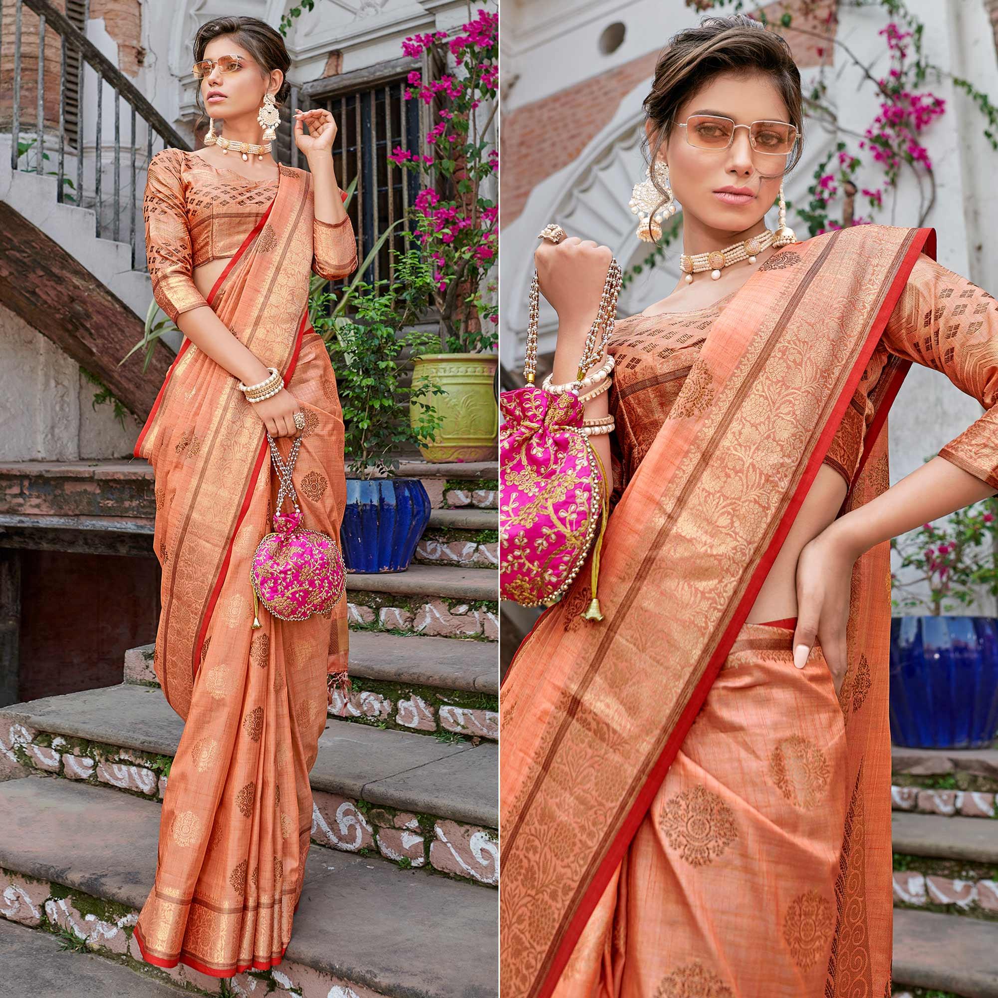 Peach Woven Banarasi Silk Saree - Peachmode