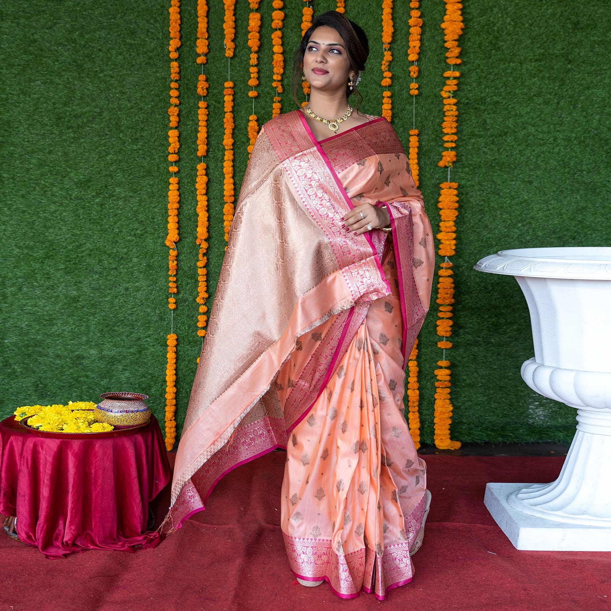 Peach Woven Banarasi Silk Saree - Peachmode