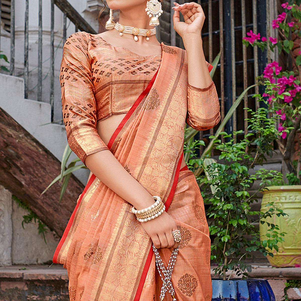 Peach Woven Banarasi Silk Saree - Peachmode