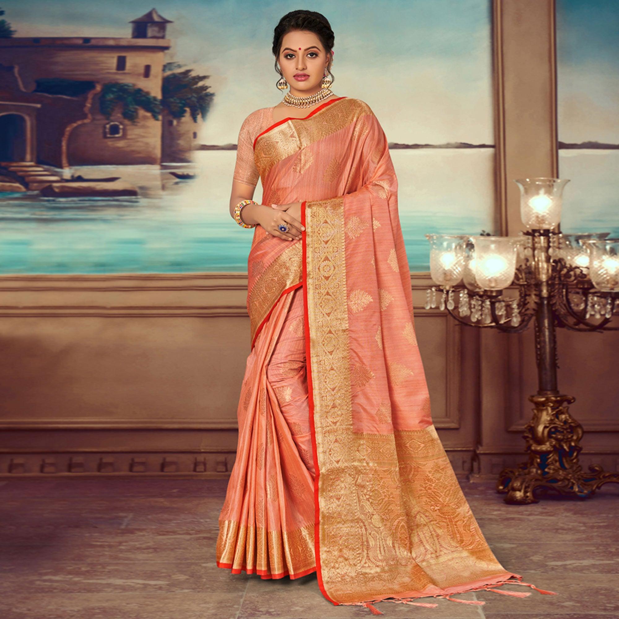 Peach Woven Banarasi Silk Saree With Tassels - Peachmode