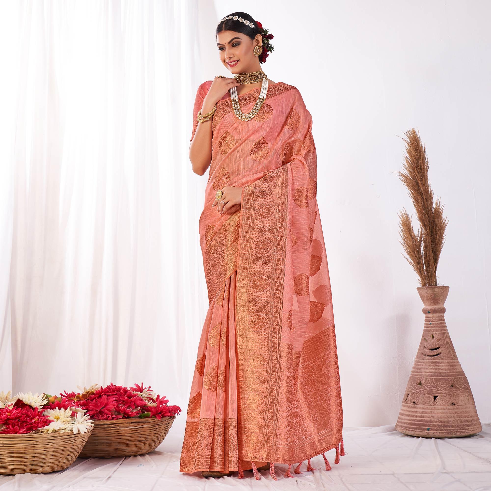 Peach Woven Banarasi Style Linen Saree - Peachmode