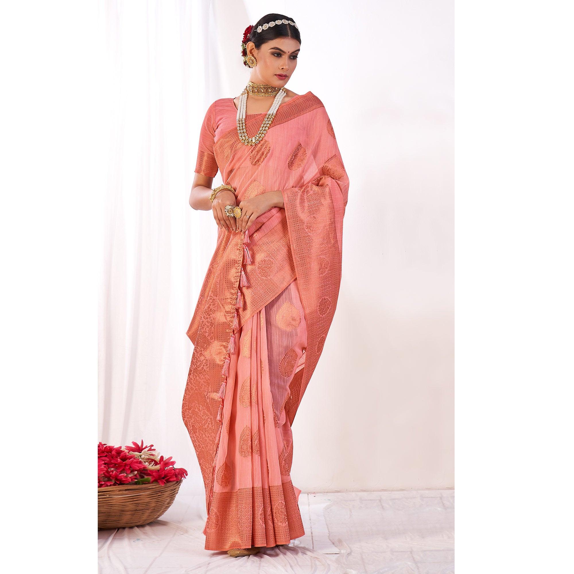 Peach Woven Banarasi Style Linen Saree - Peachmode