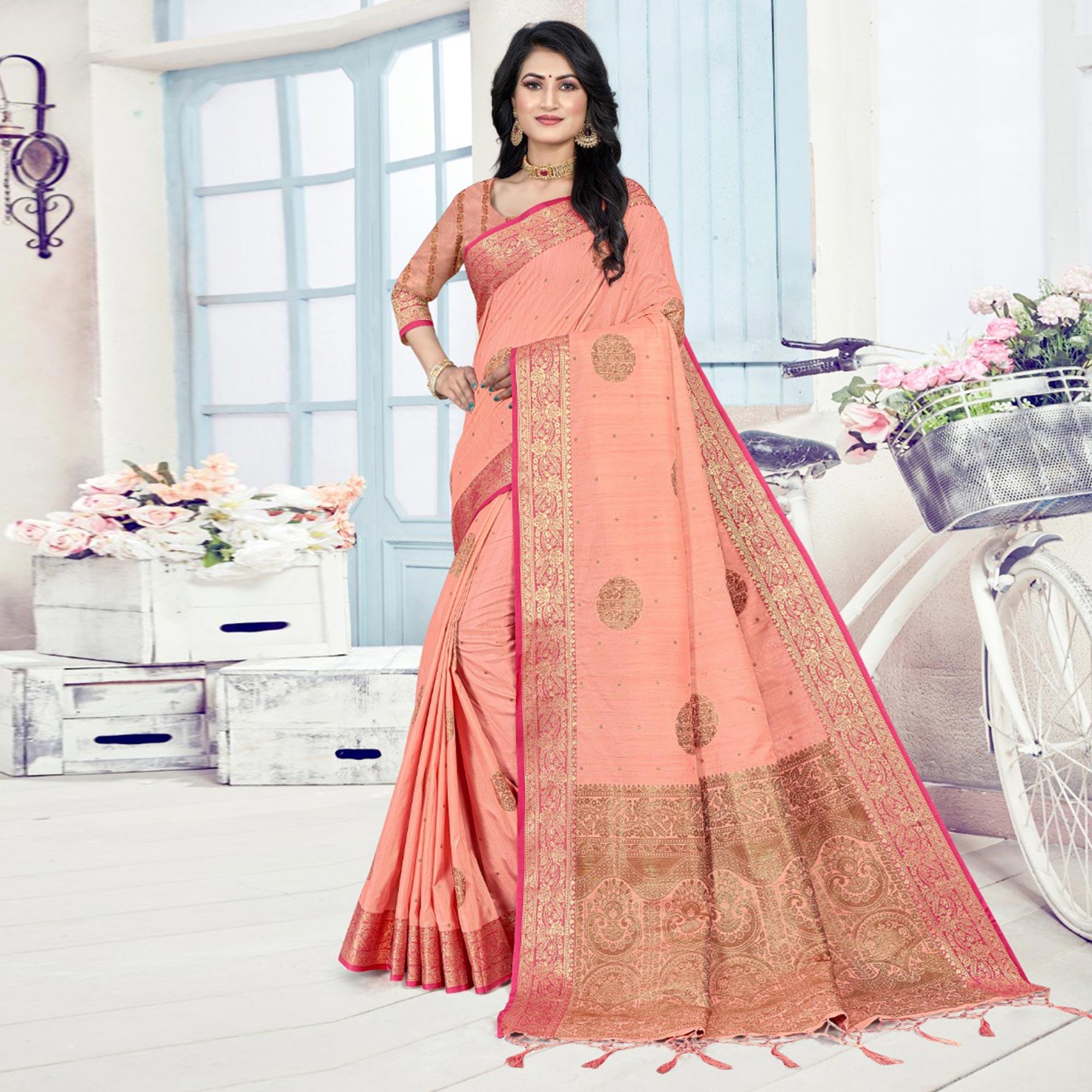 Peach Woven Cotton Silk Saree With Tassels - Peachmode