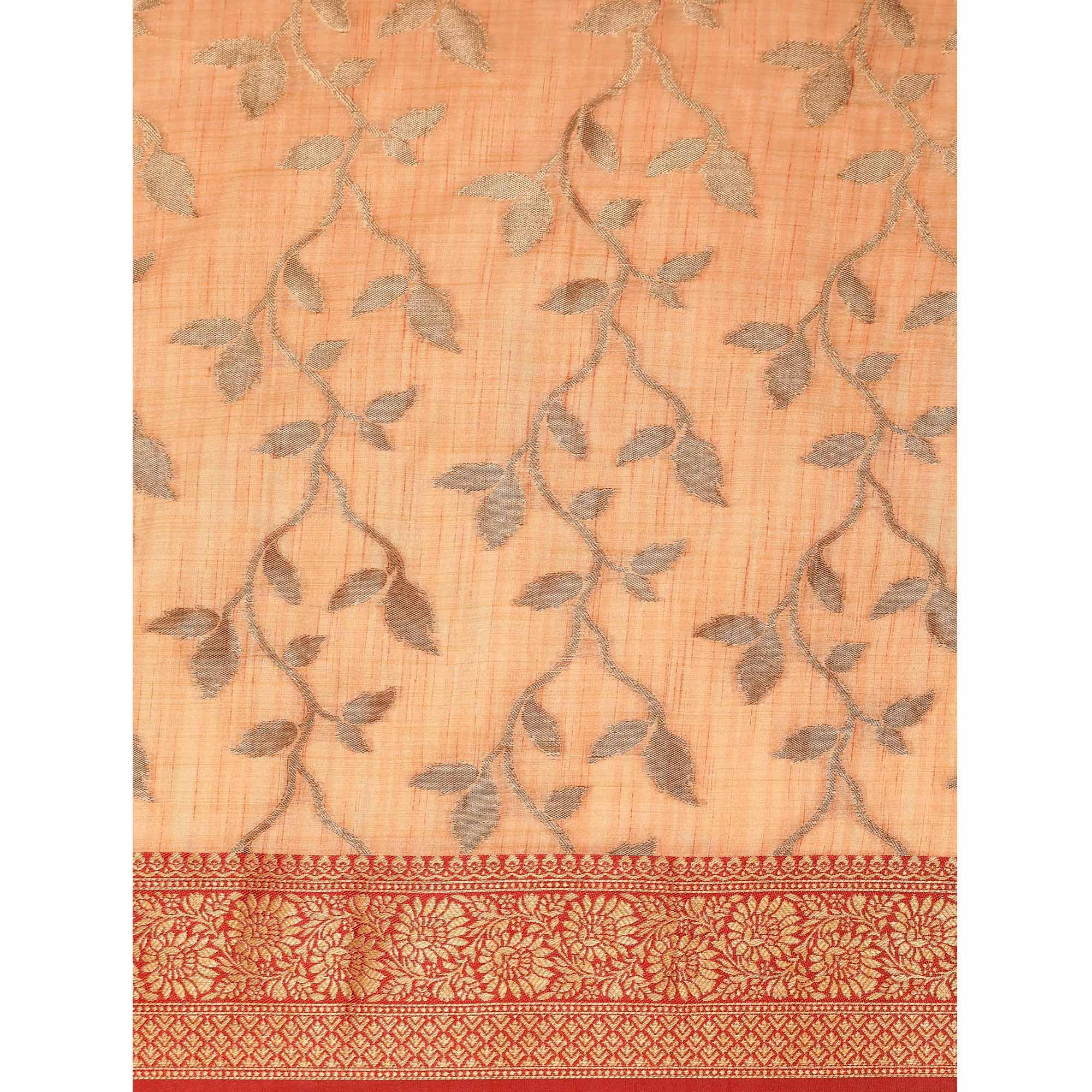 Peach Woven Cotton Silk Saree With Tassels - Peachmode
