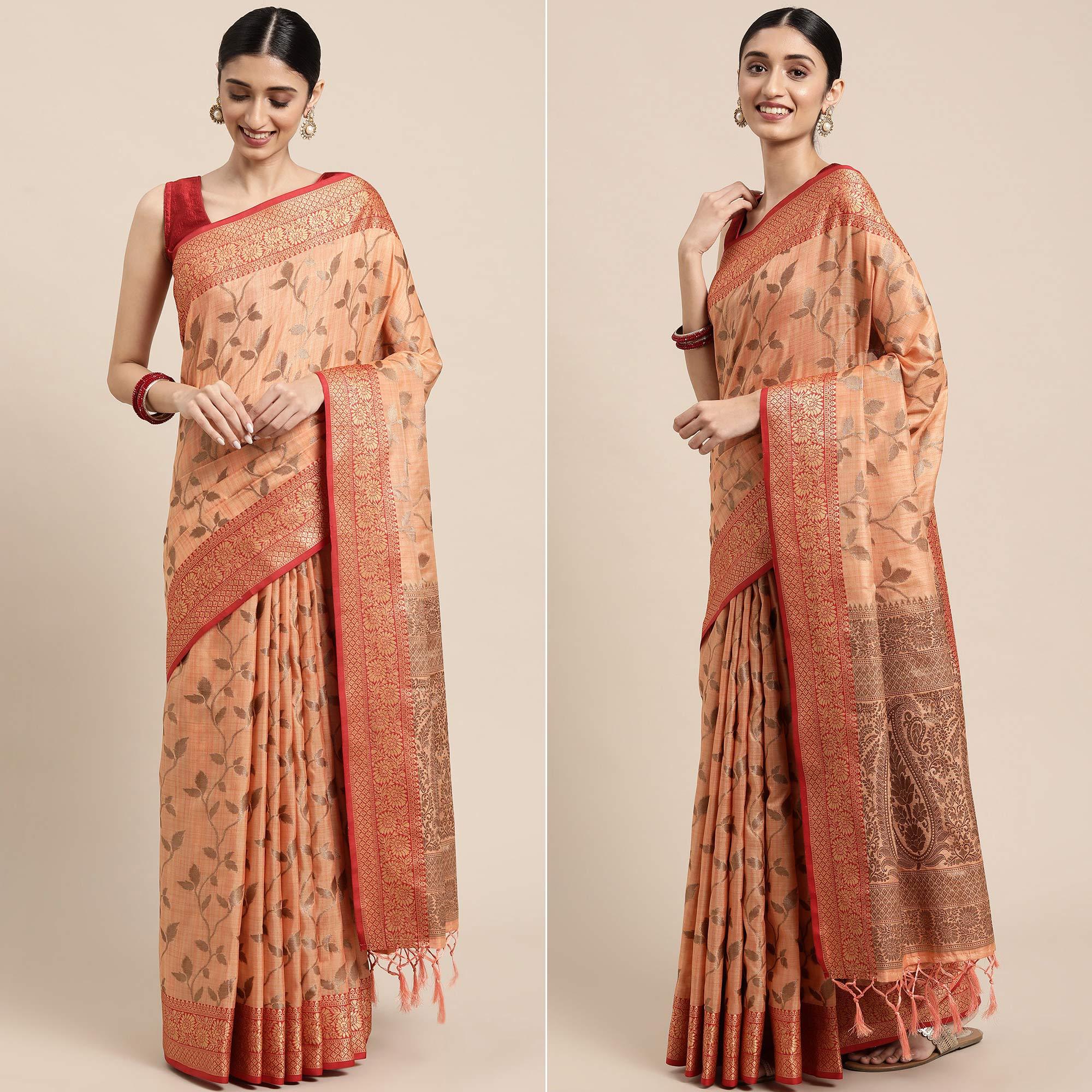 Peach Woven Cotton Silk Saree With Tassels - Peachmode