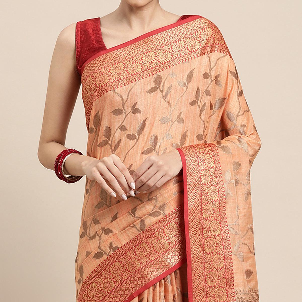 Peach Woven Cotton Silk Saree With Tassels - Peachmode