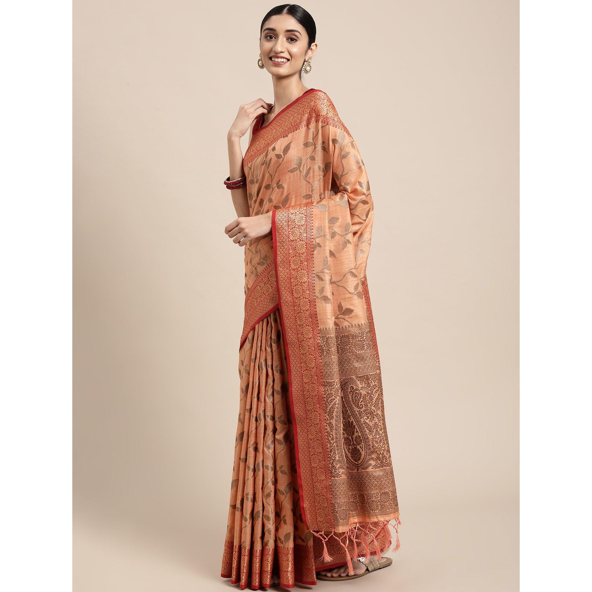 Peach Woven Cotton Silk Saree With Tassels - Peachmode