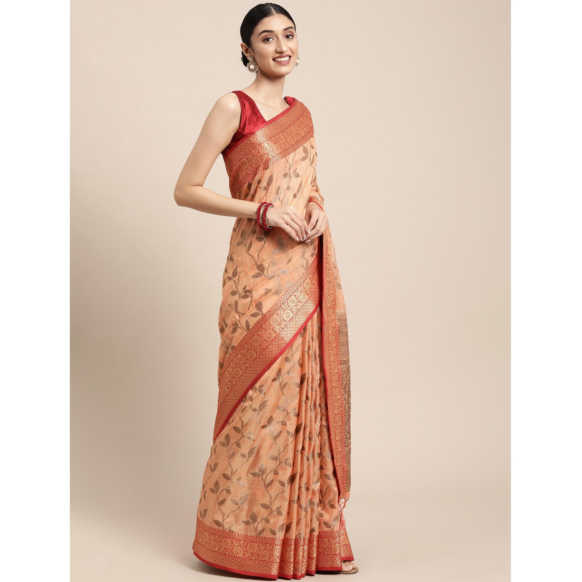 Peach Woven Cotton Silk Saree With Tassels - Peachmode