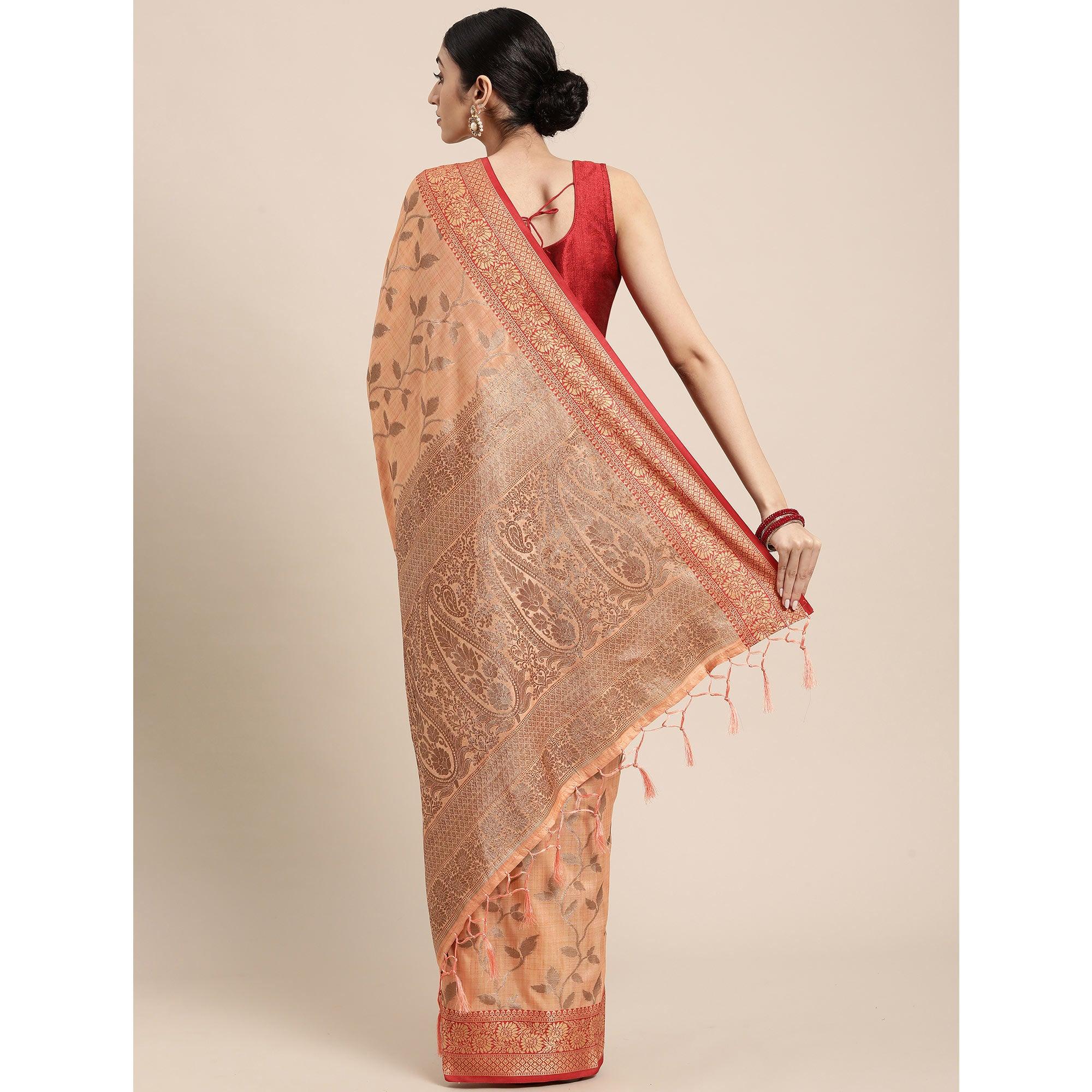 Peach Woven Cotton Silk Saree With Tassels - Peachmode
