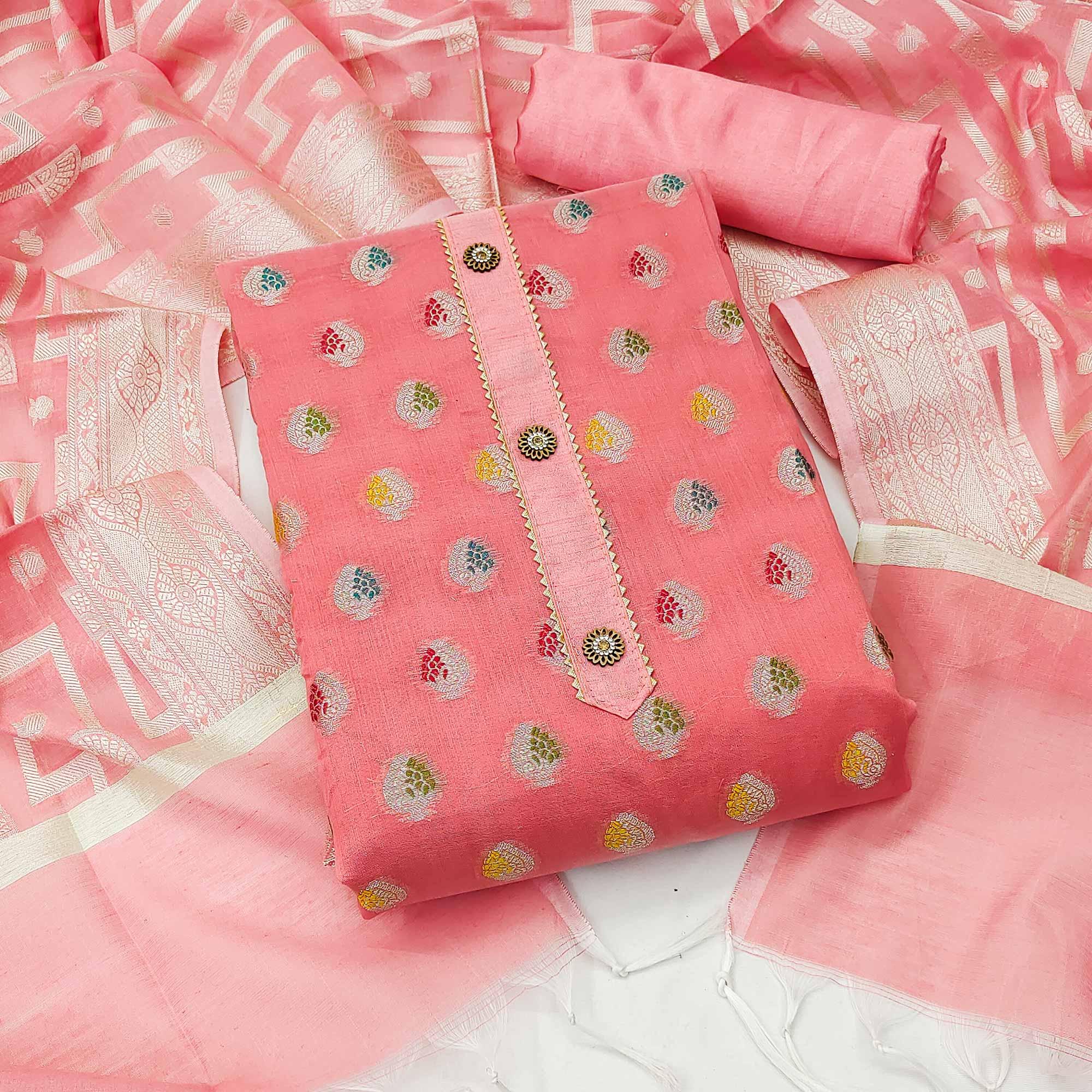 Peach Woven Jacquard Dress Material - Peachmode