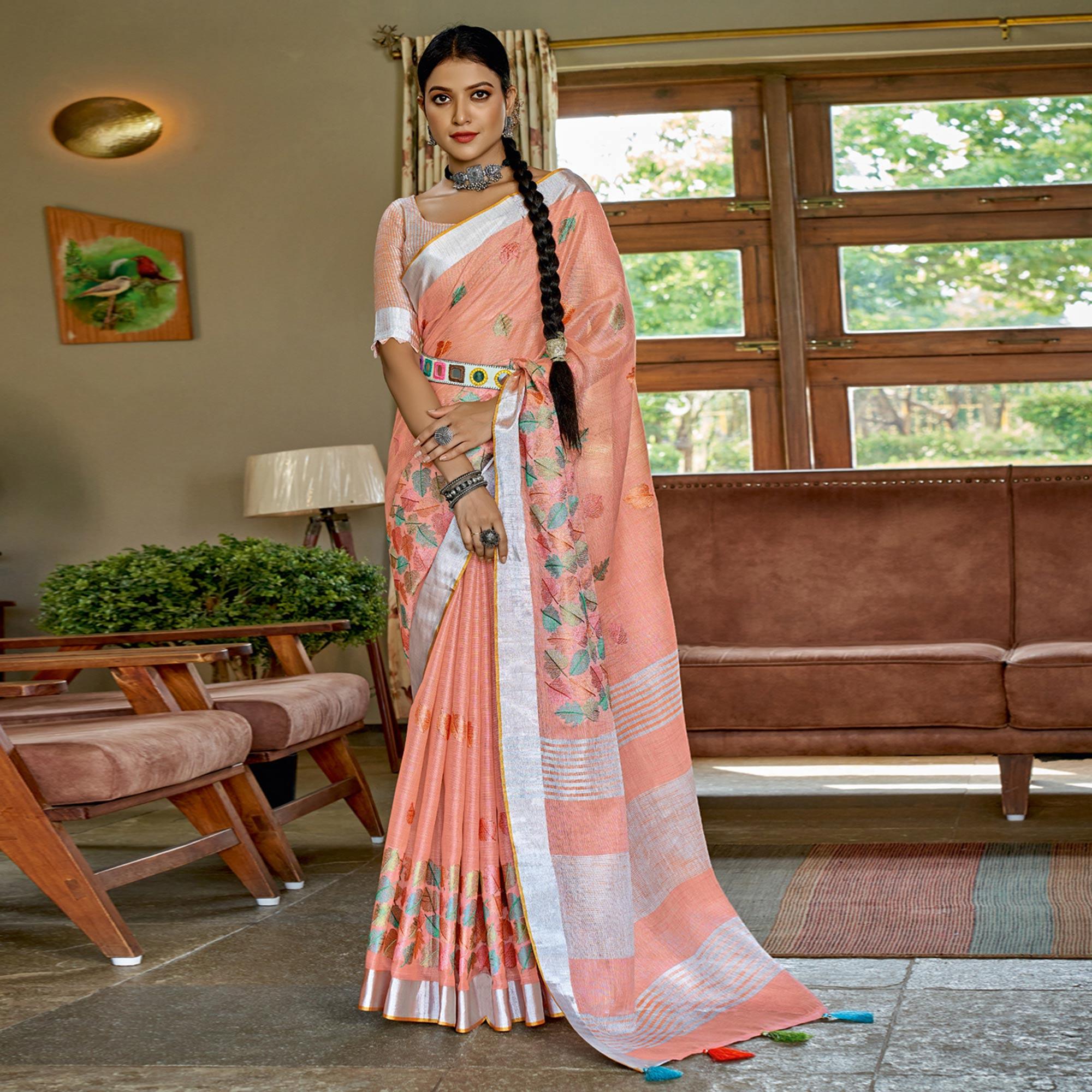 Peach Woven Linen Saree With Tassels - Peachmode