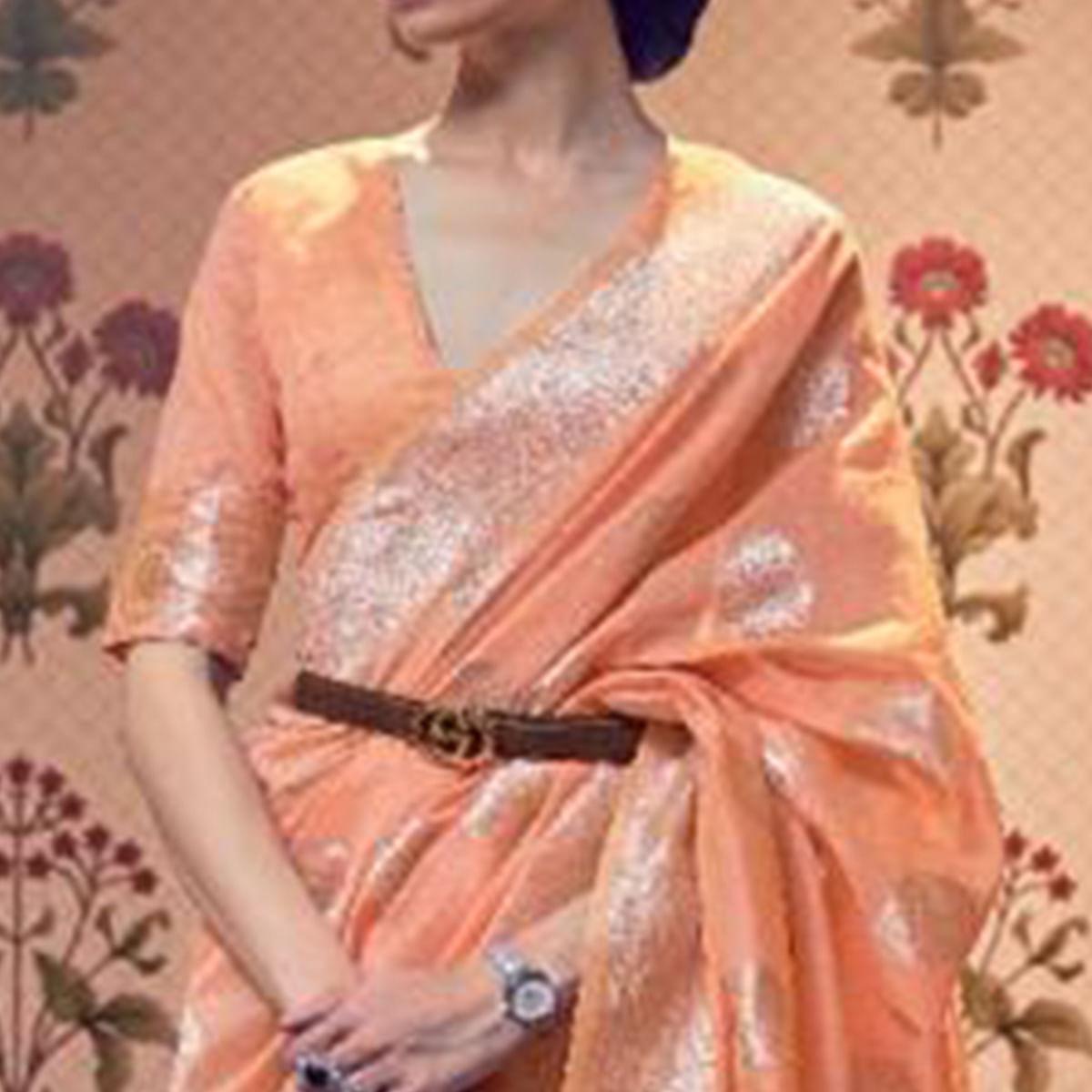 Peach Woven Linen Saree With Tassels - Peachmode