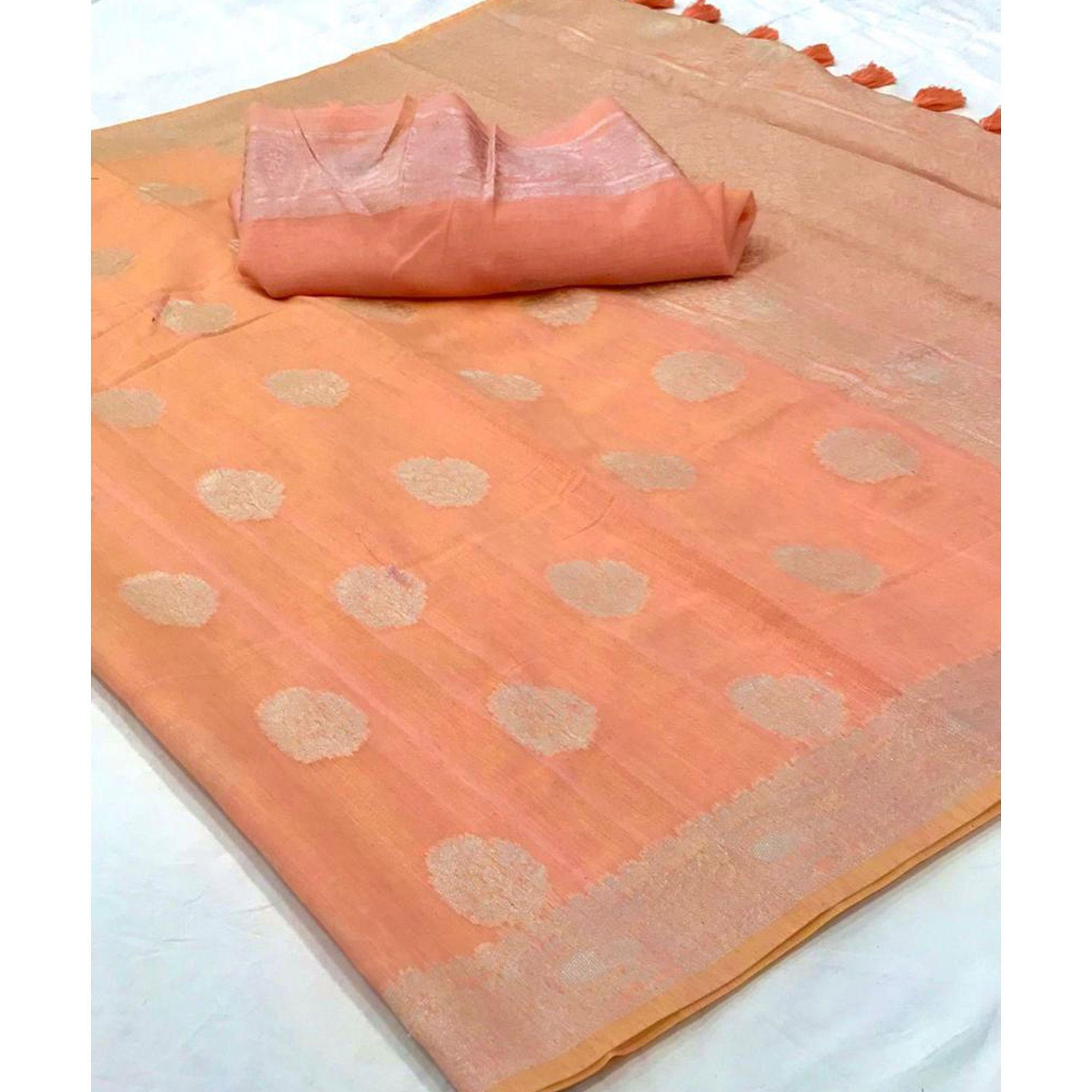 Peach Woven Linen Saree With Tassels - Peachmode