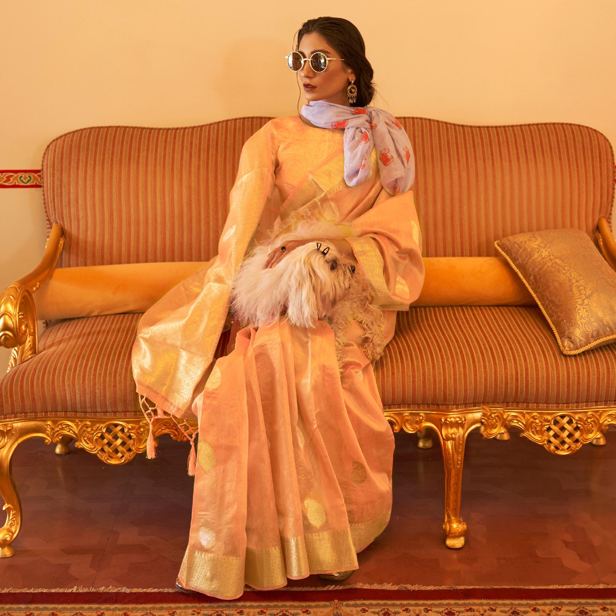 Peach Woven Linen Saree With Tassels - Peachmode