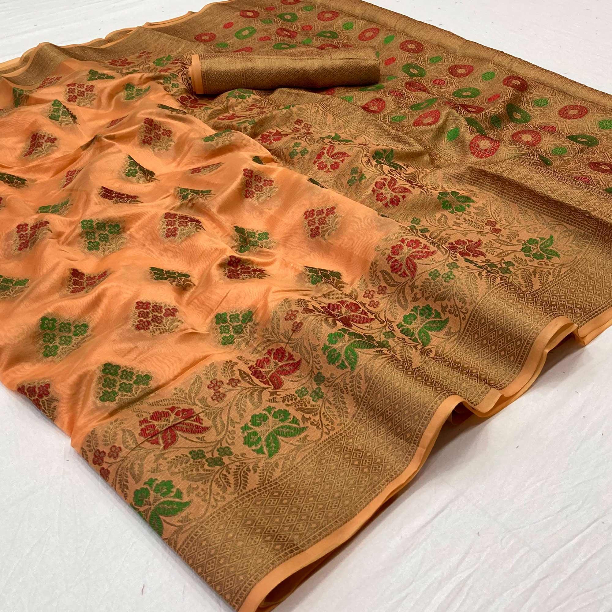 Peach Woven Organza Saree - Peachmode